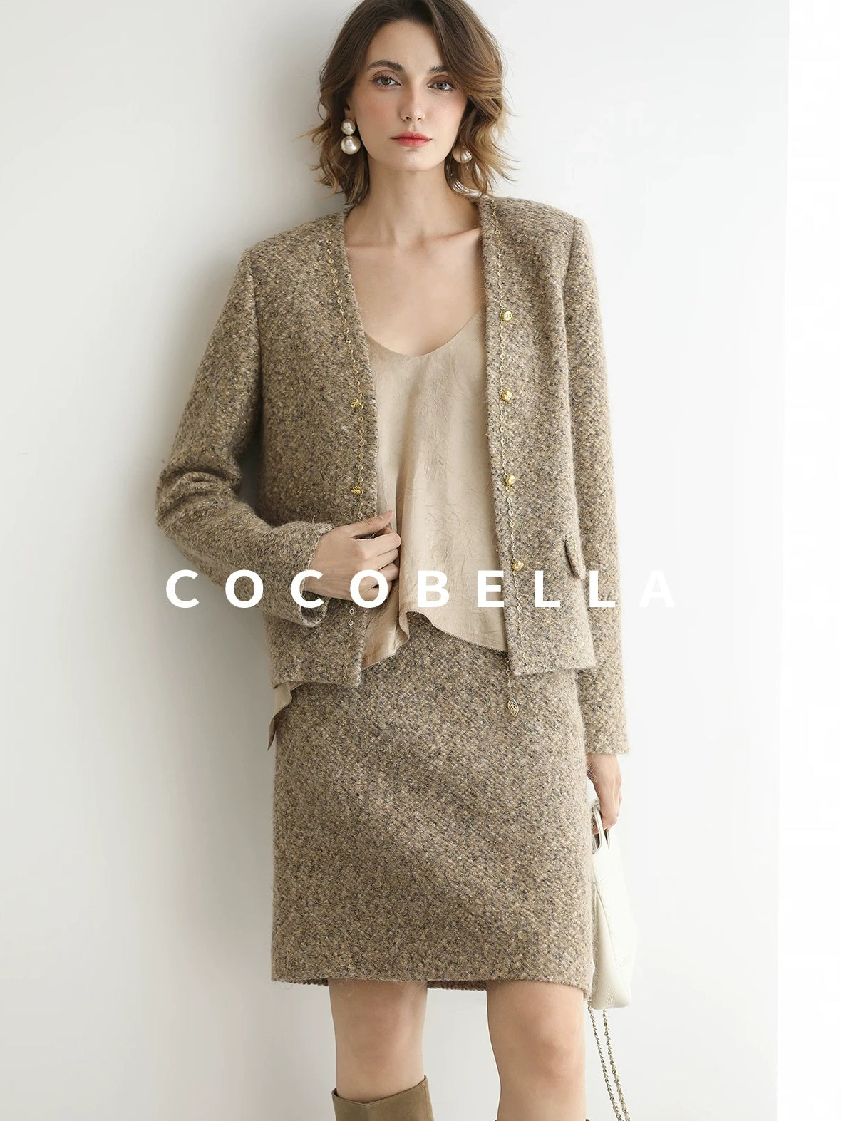 COCOBELLA Elevated Shimmer Wool Blend Mid Waist Straight Women City Commute Short Skirts