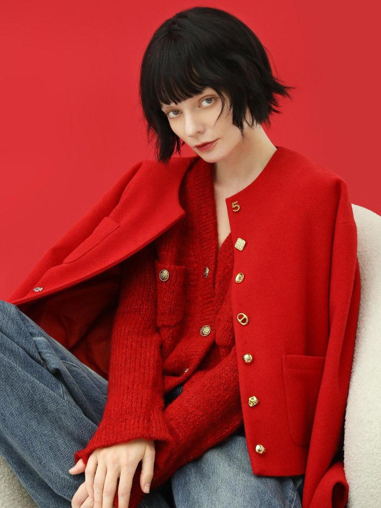 COCOBELLA Embroidered 3D Pocket Straight Fit Commuter Women Round Neck Wool Jackets