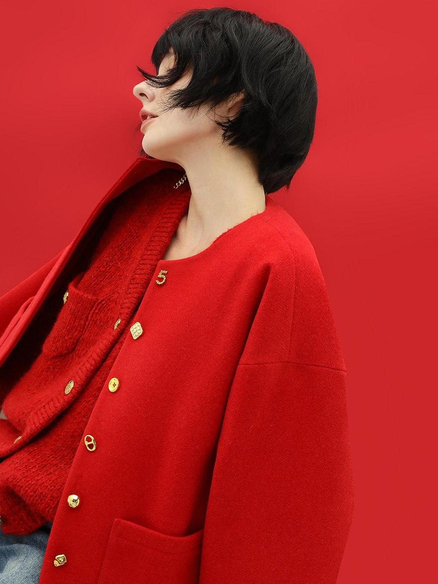 COCOBELLA Embroidered 3D Pocket Straight Fit Commuter Women Round Neck Wool Jackets