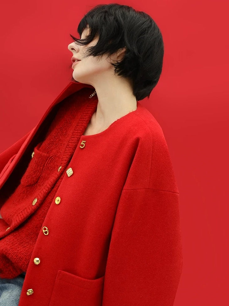 COCOBELLA Embroidered 3D Pocket Straight Fit Commuter Women Round Neck Wool Jackets