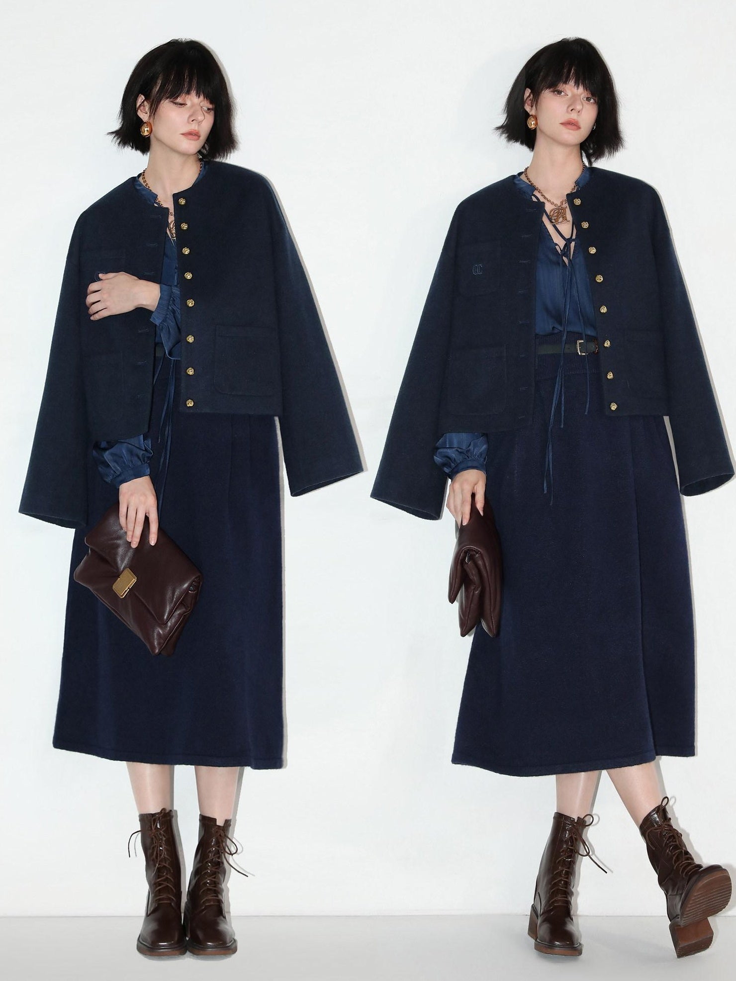 COCOBELLA Embroidered Button Pocket Design Straight Fit Commuter Women Polyester Navy Coats