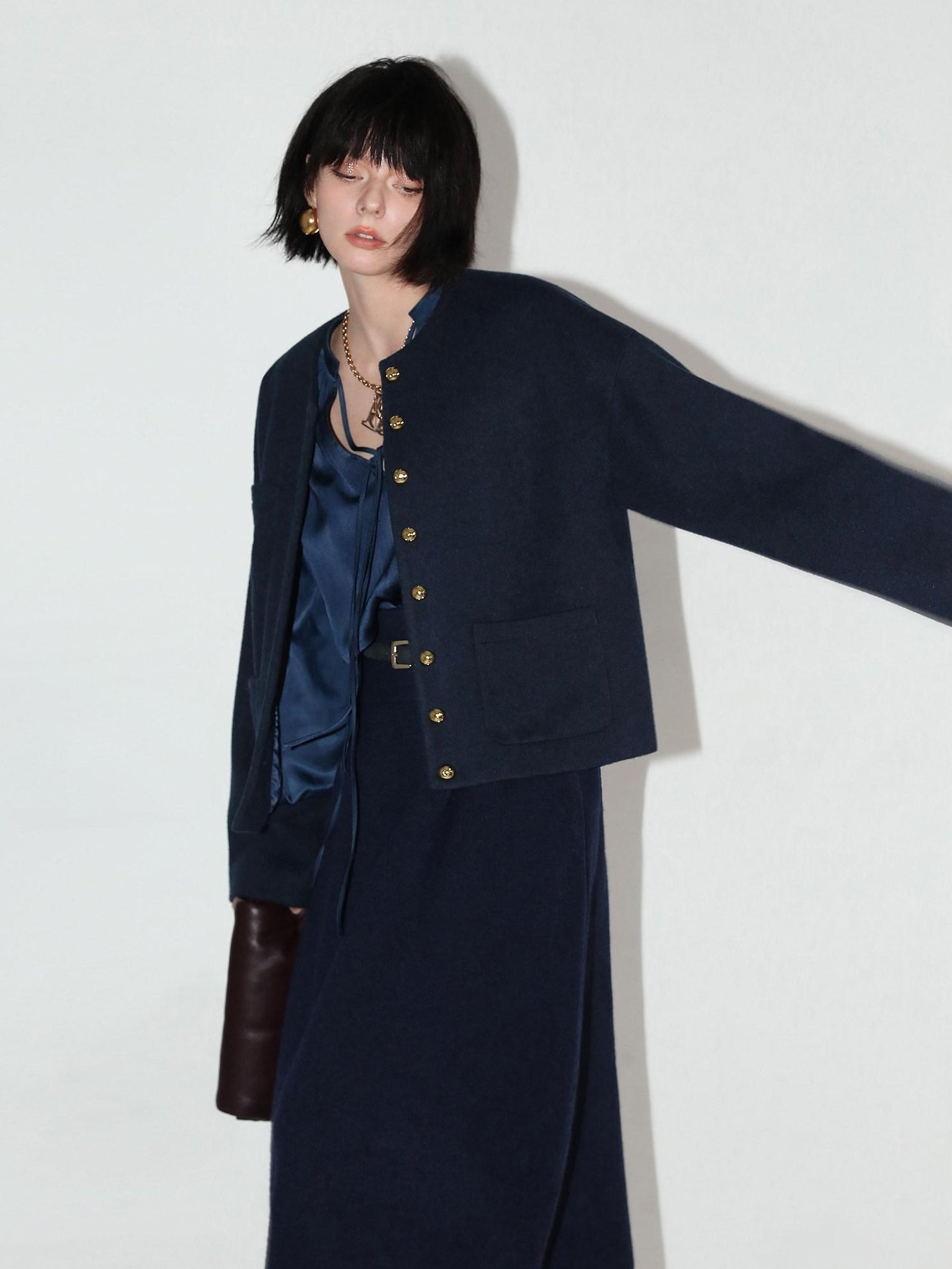 COCOBELLA Embroidered Button Pocket Design Straight Fit Commuter Women Polyester Navy Coats