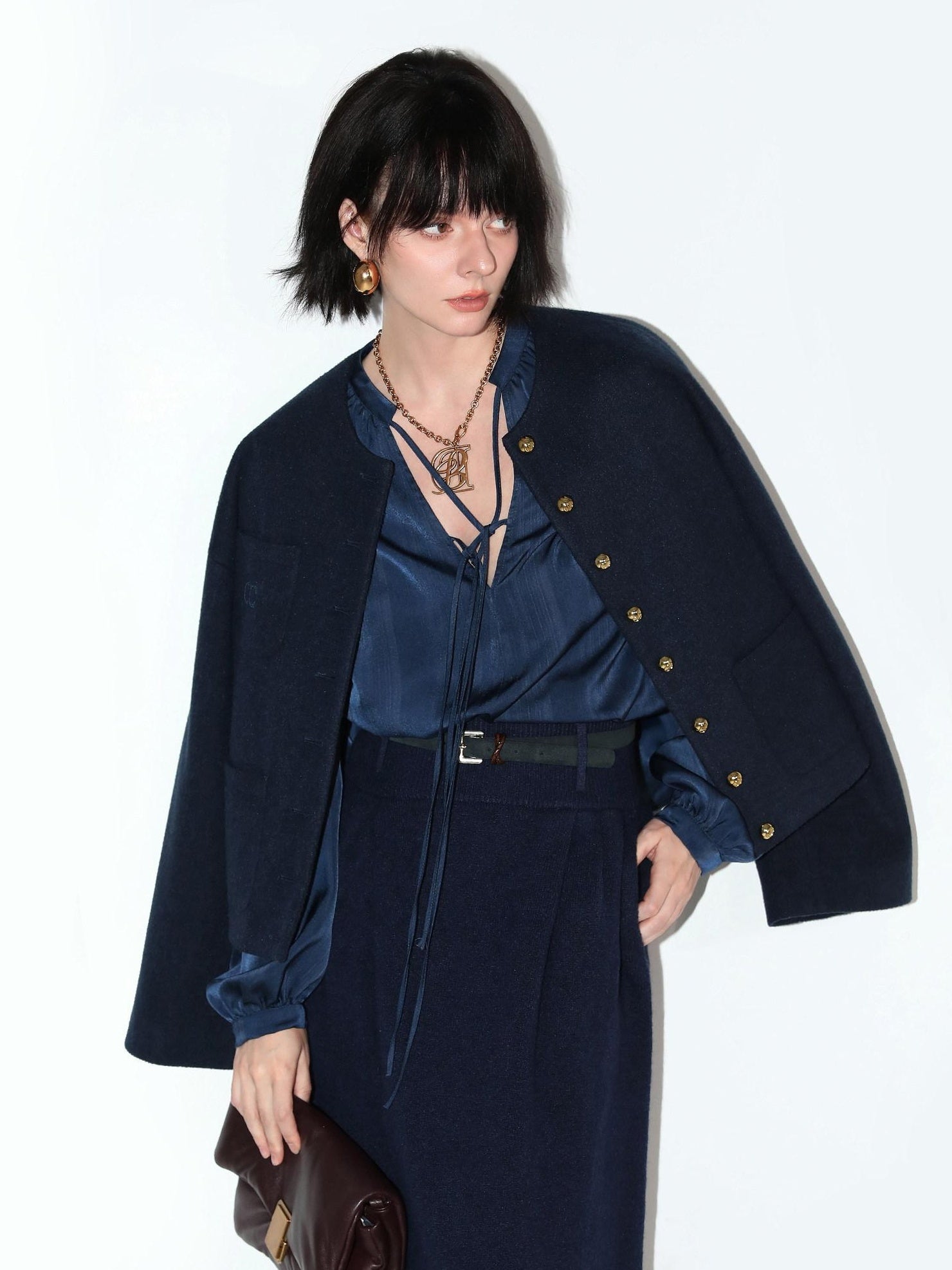 COCOBELLA Embroidered Button Pocket Design Straight Fit Commuter Women Polyester Navy Coats