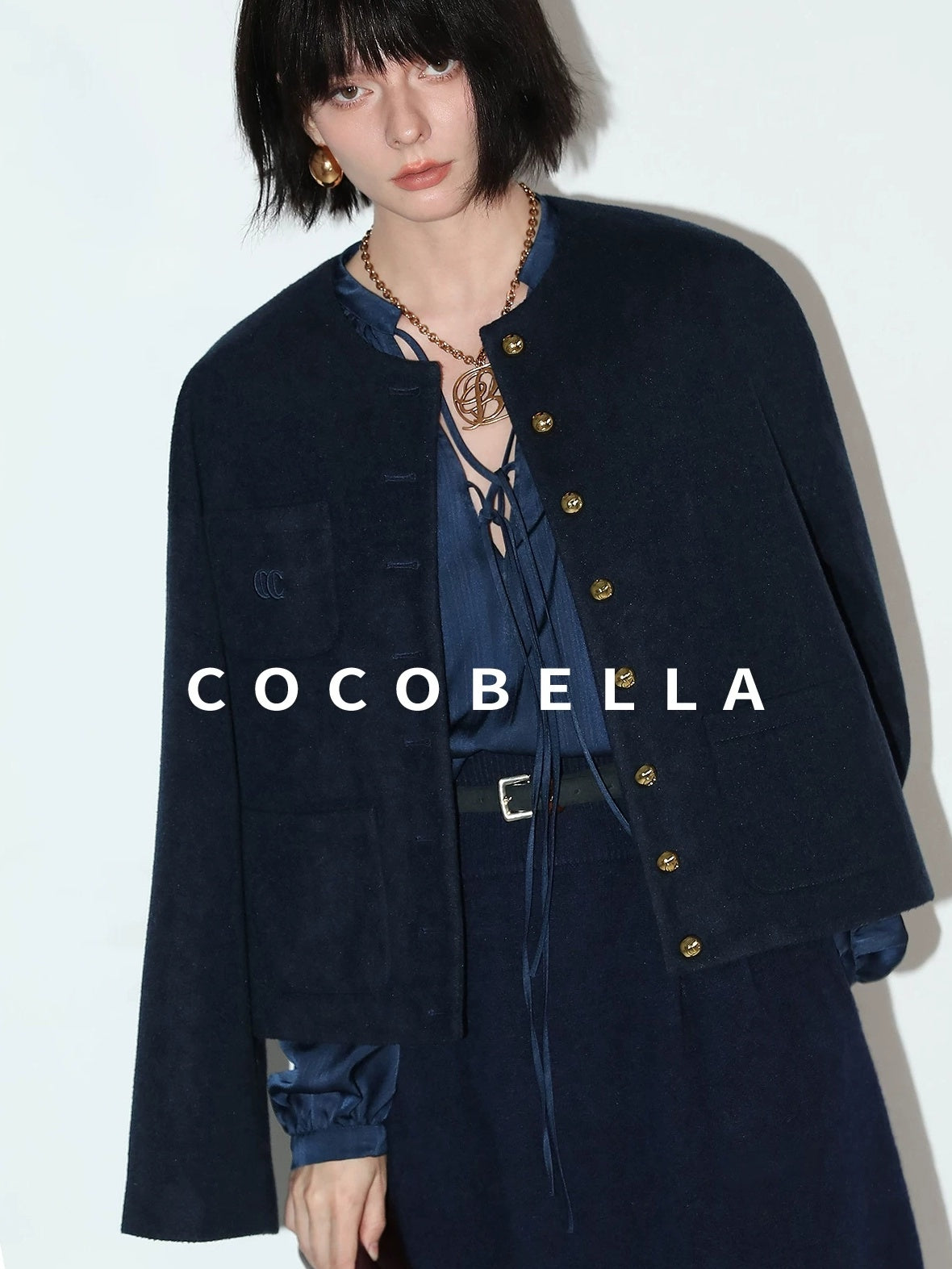 COCOBELLA Embroidered Button Pocket Design Straight Fit Commuter Women Polyester Navy Coats