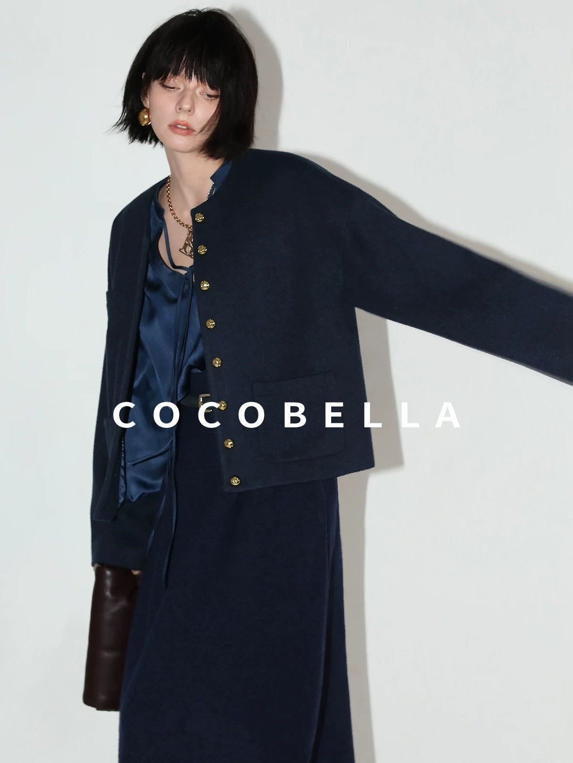 COCOBELLA Embroidered Button Pocket Design Straight Fit Commuter Women Polyester Navy Coats
