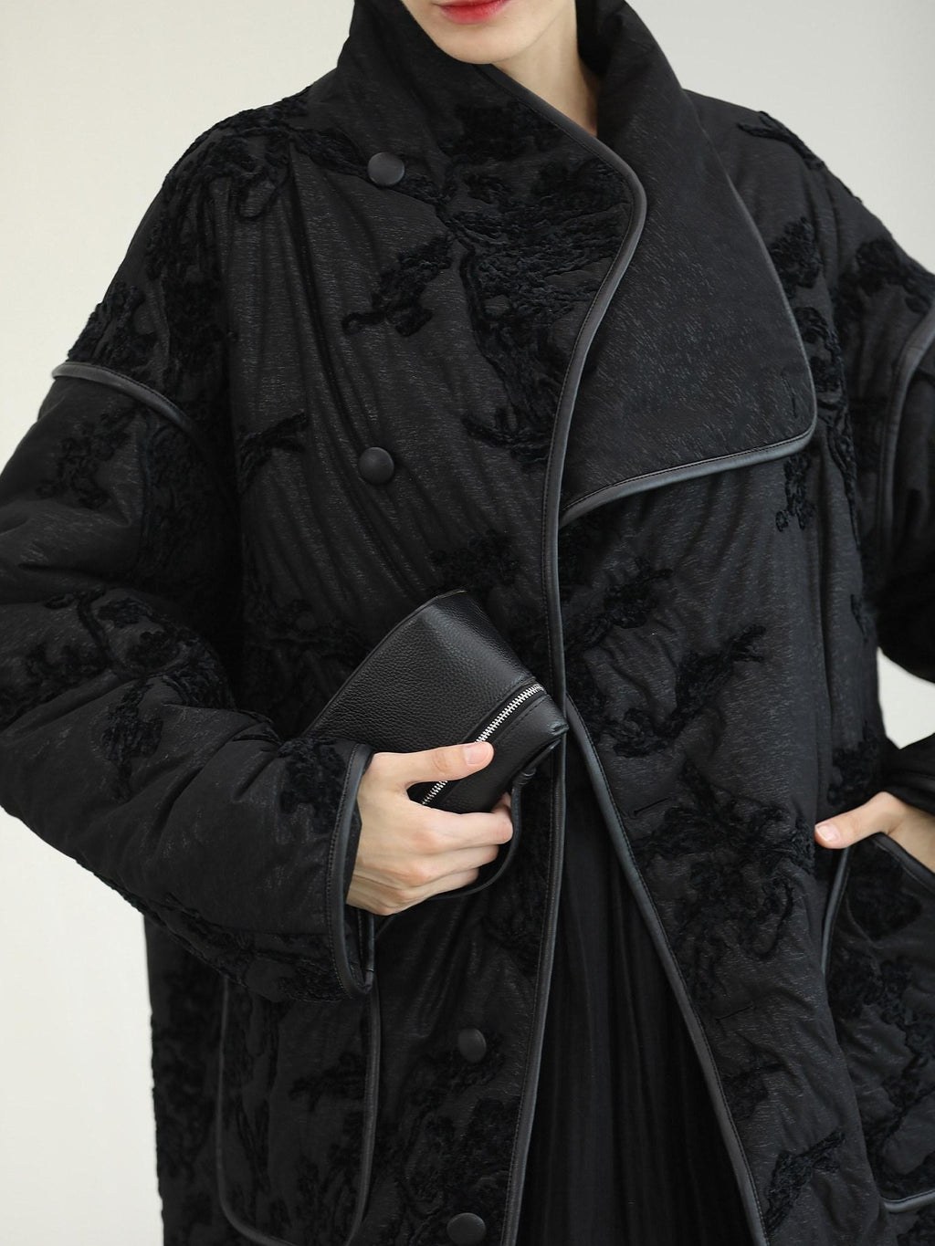 COCOBELLA Embroidered Button Pocket Loose Fit Mall Ready Women Black Padded Jackets