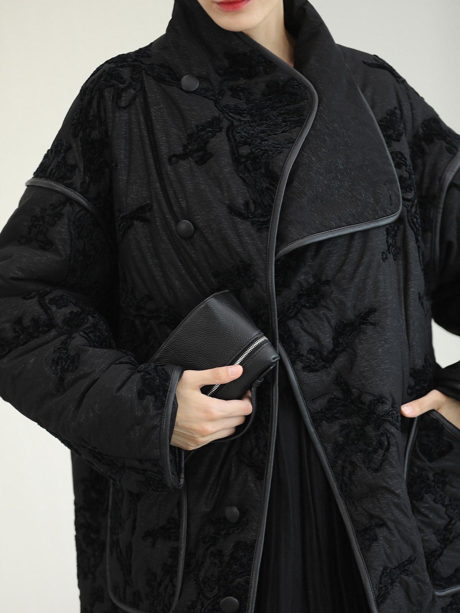 COCOBELLA Embroidered Button Pocket Loose Fit Mall Ready Women Black Padded Jackets