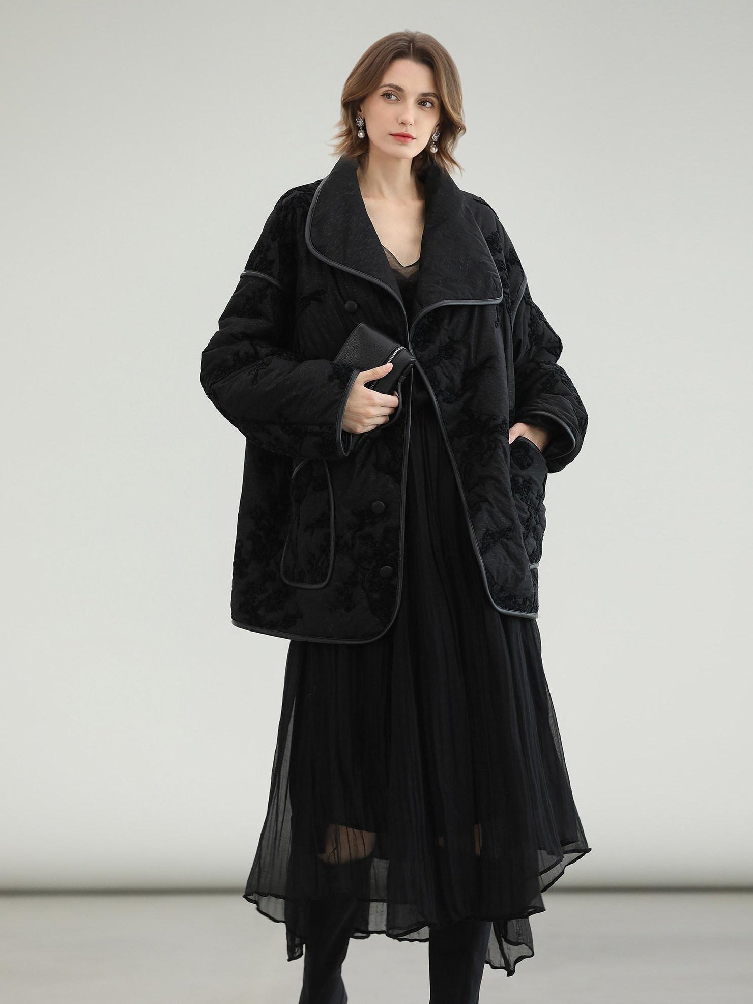 COCOBELLA Embroidered Button Pocket Loose Fit Mall Ready Women Black Padded Jackets