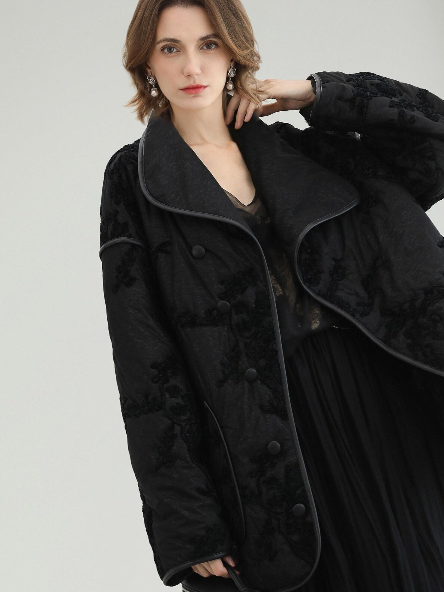 COCOBELLA Embroidered Button Pocket Loose Fit Mall Ready Women Black Padded Jackets