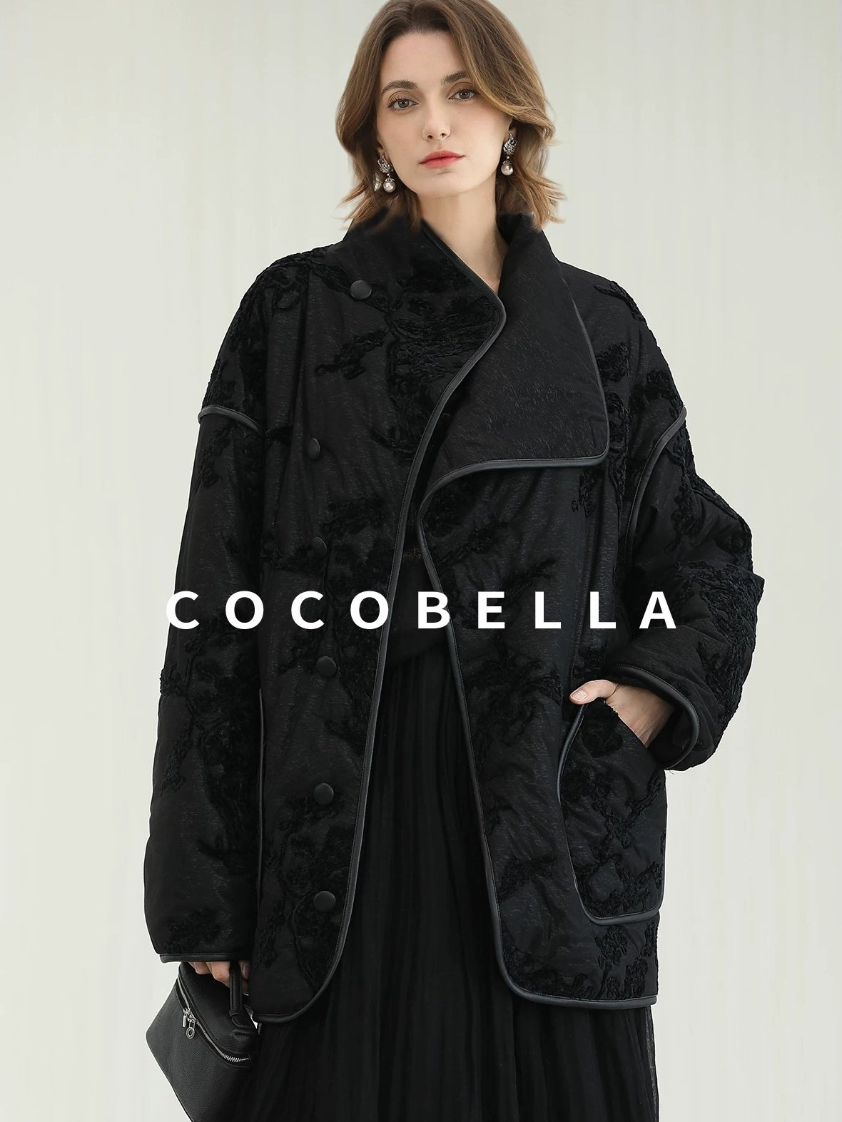 COCOBELLA Embroidered Button Pocket Loose Fit Mall Ready Women Black Padded Jackets