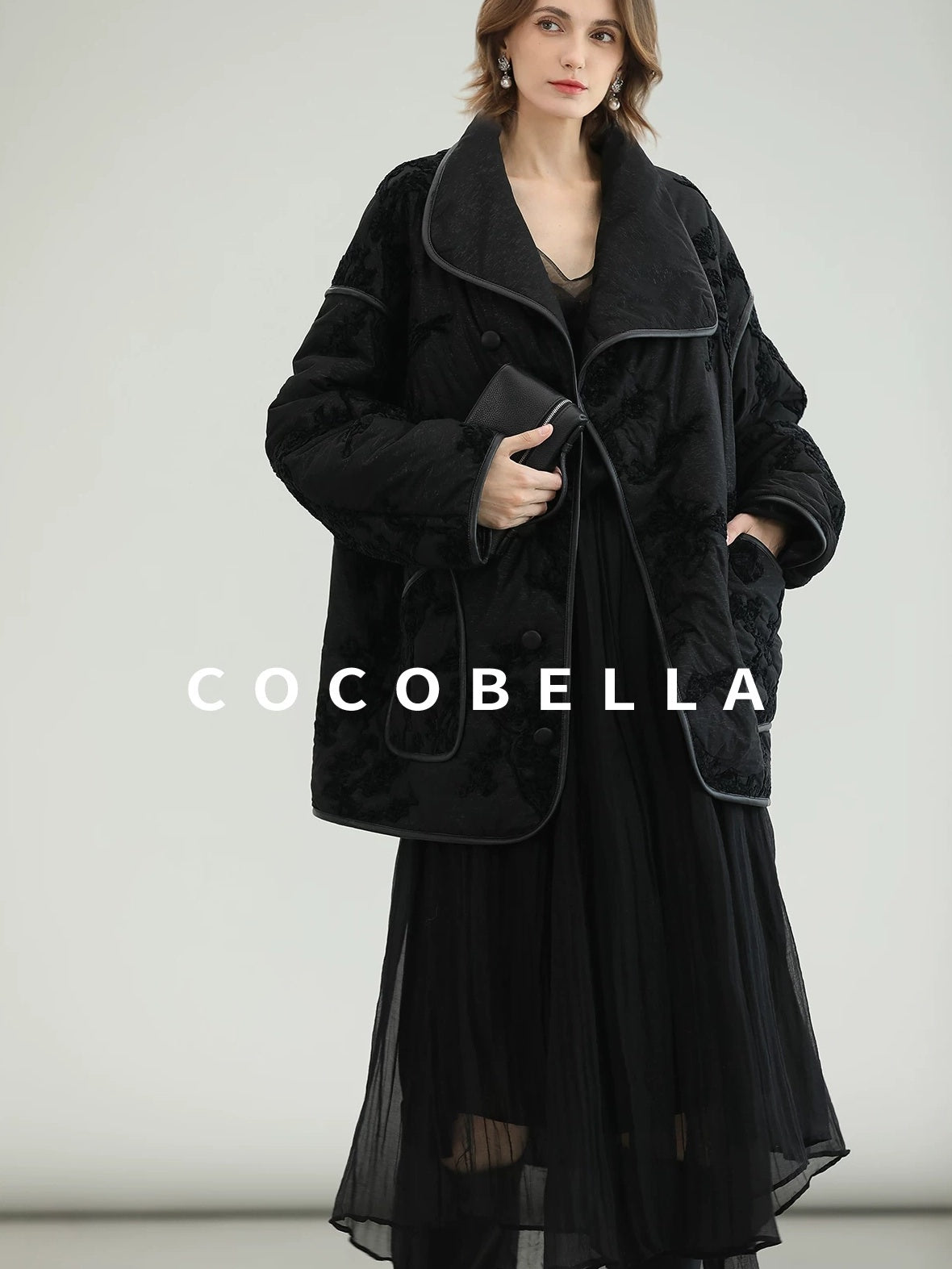 COCOBELLA Embroidered Button Pocket Loose Fit Mall Ready Women Black Padded Jackets
