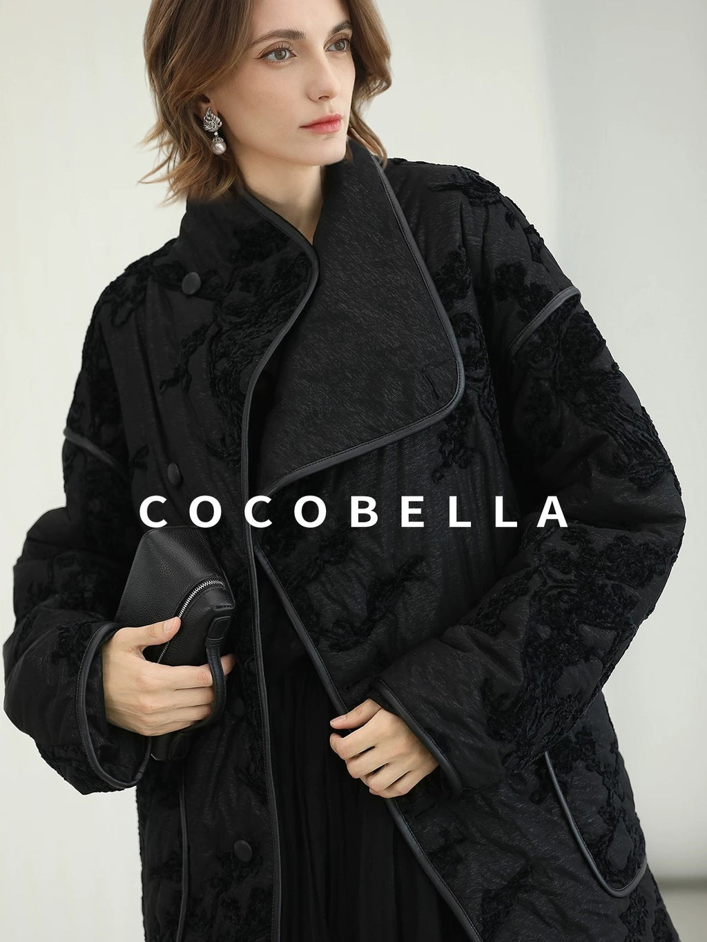 COCOBELLA Embroidered Button Pocket Loose Fit Mall Ready Women Black Padded Jackets