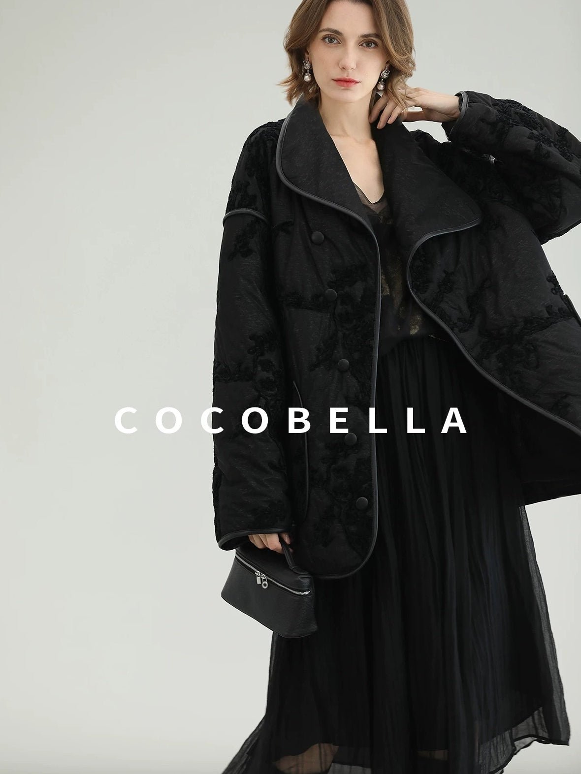 COCOBELLA Embroidered Button Pocket Loose Fit Mall Ready Women Black Padded Jackets