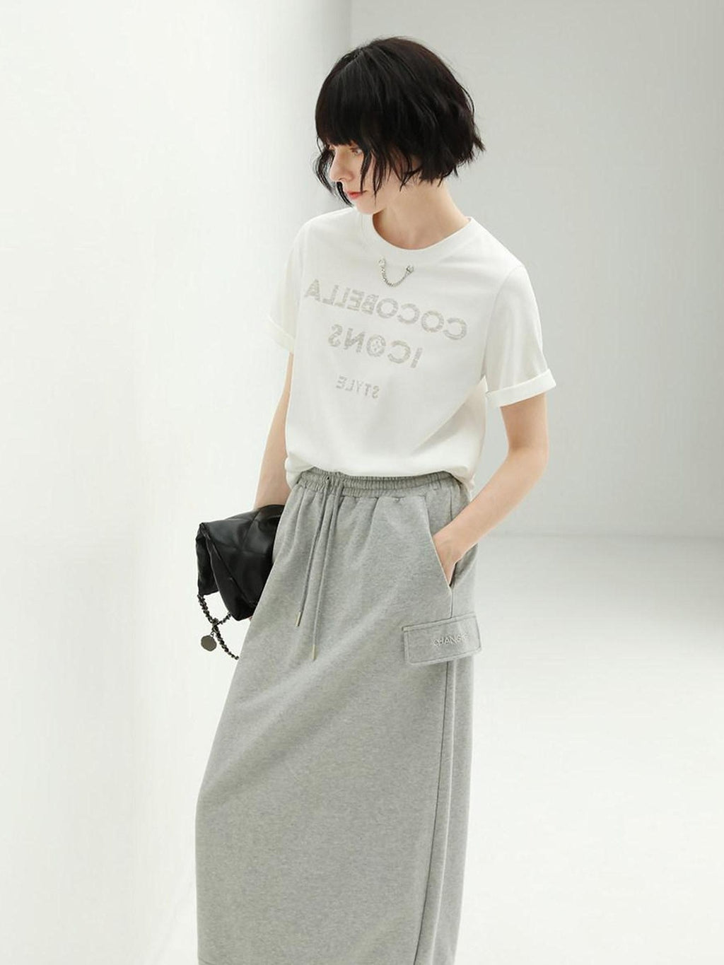 COCOBELLA Embroidered Cotton Blend Mid Rise H Line Office Minimalist Grey Midi Skirts