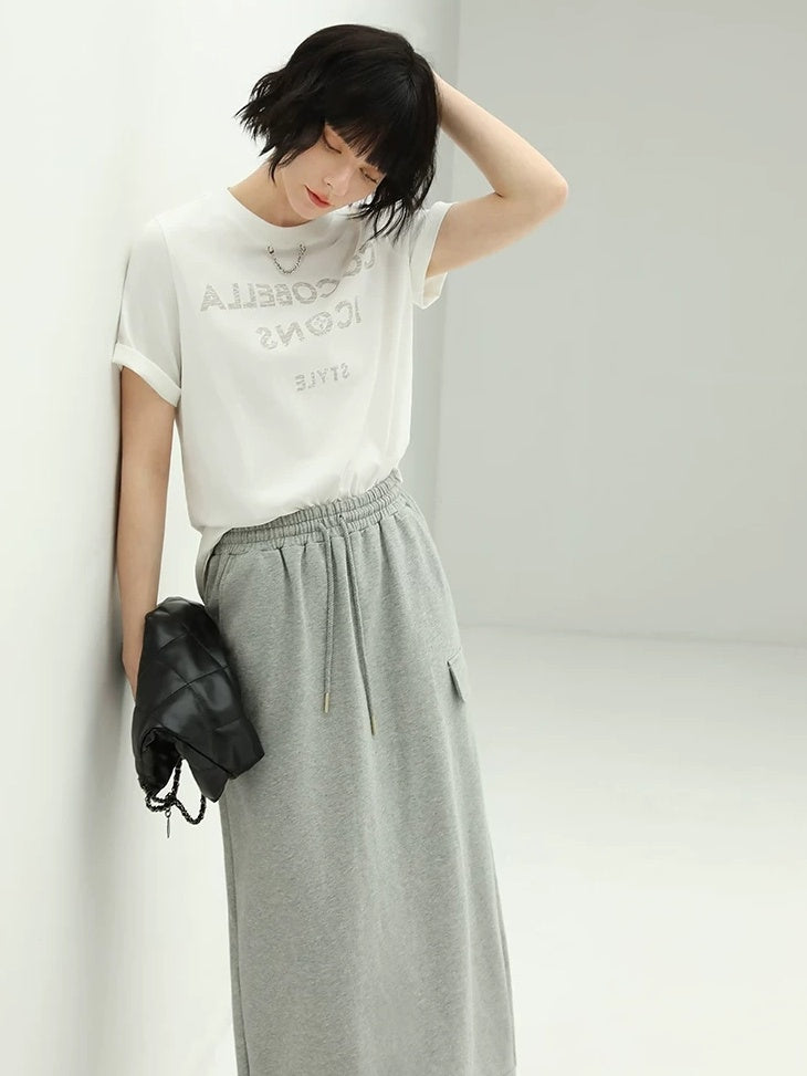 COCOBELLA Embroidered Cotton Blend Mid Rise H Line Office Minimalist Grey Midi Skirts