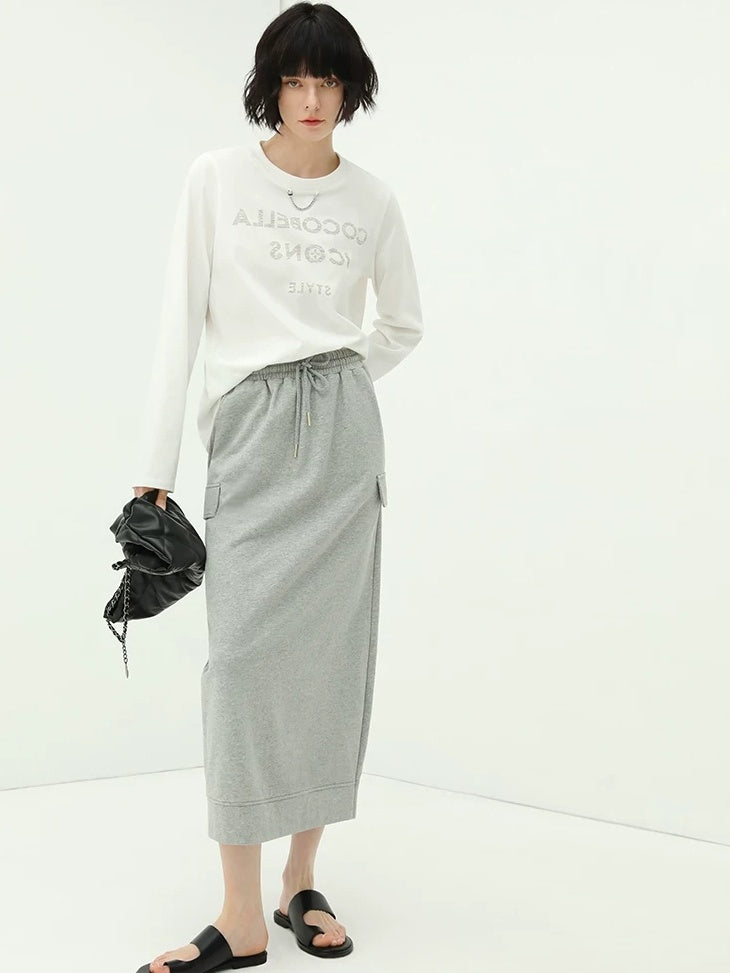 COCOBELLA Embroidered Cotton Blend Mid Rise H Line Office Minimalist Grey Midi Skirts