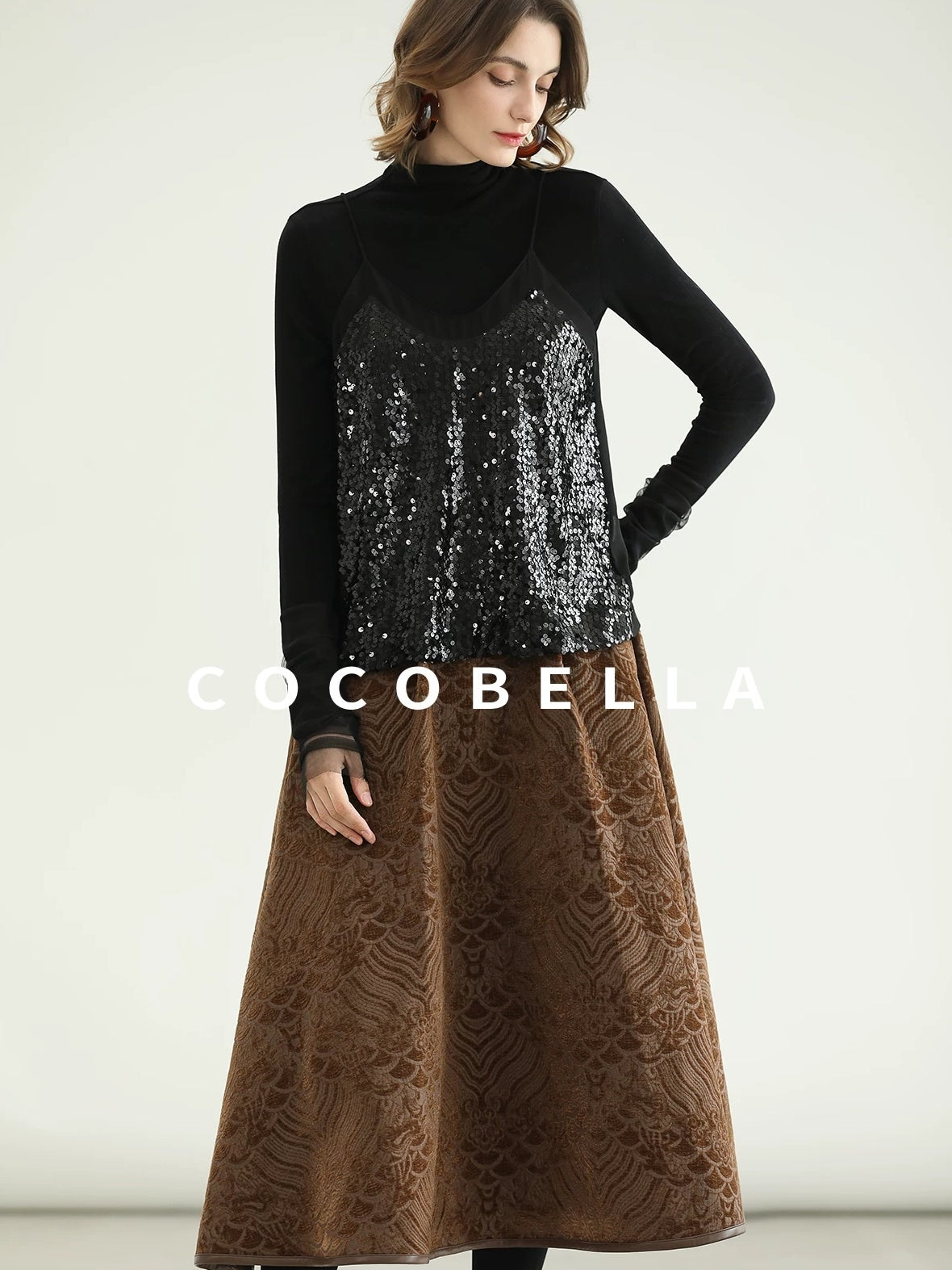 COCOBELLA Embroidered Jacquard Chinese A Line Mid Waist Women Office Maxi Polyester Skirts