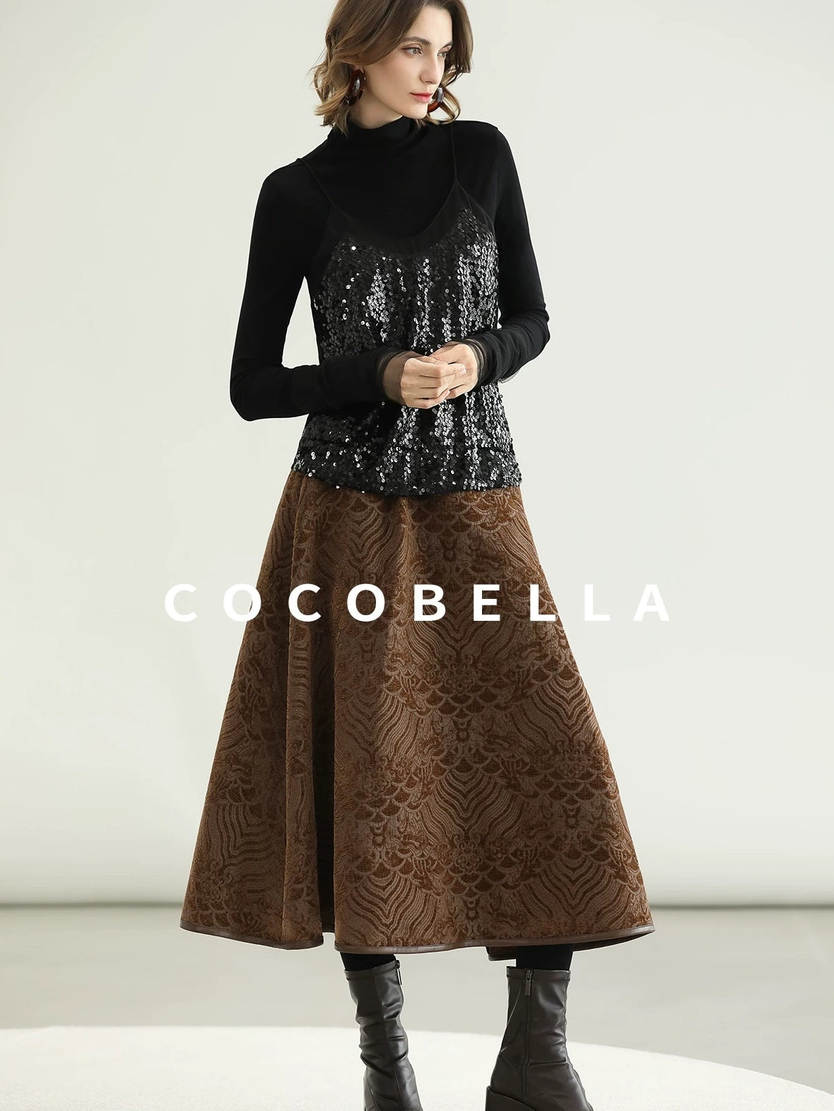 COCOBELLA Embroidered Jacquard Chinese A Line Mid Waist Women Office Maxi Polyester Skirts