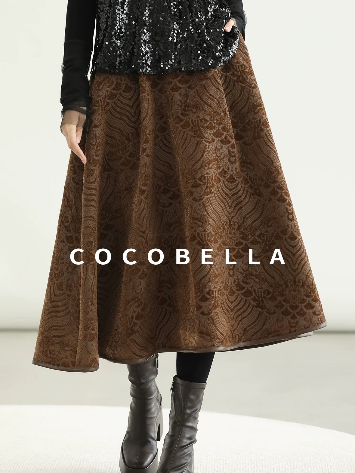 COCOBELLA Embroidered Jacquard Chinese A Line Mid Waist Women Office Maxi Polyester Skirts
