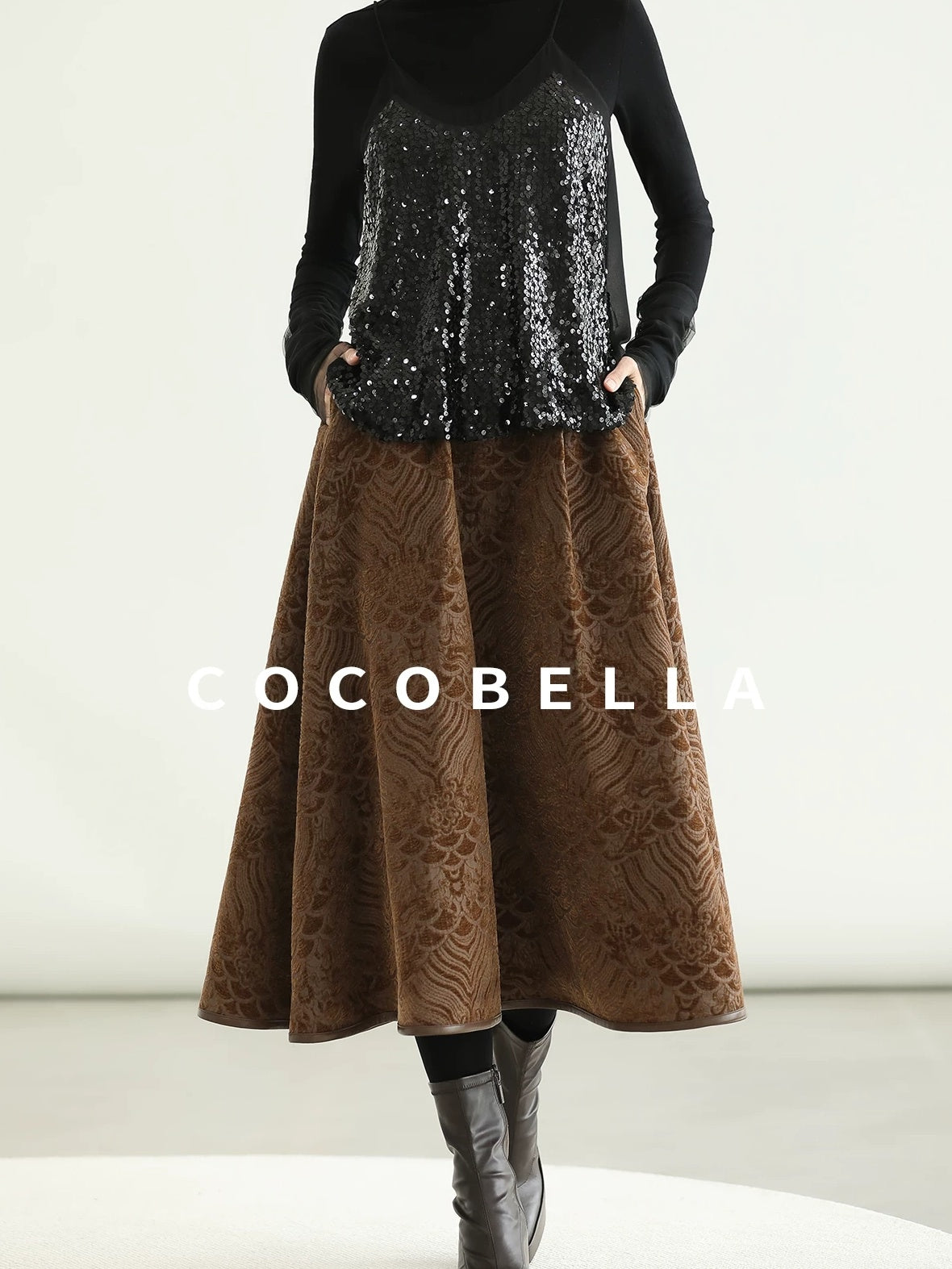 COCOBELLA Embroidered Jacquard Chinese A Line Mid Waist Women Office Maxi Polyester Skirts