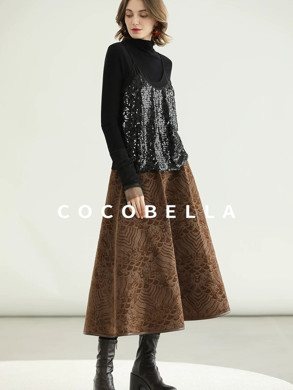 COCOBELLA Embroidered Jacquard Chinese A Line Mid Waist Women Office Maxi Polyester Skirts