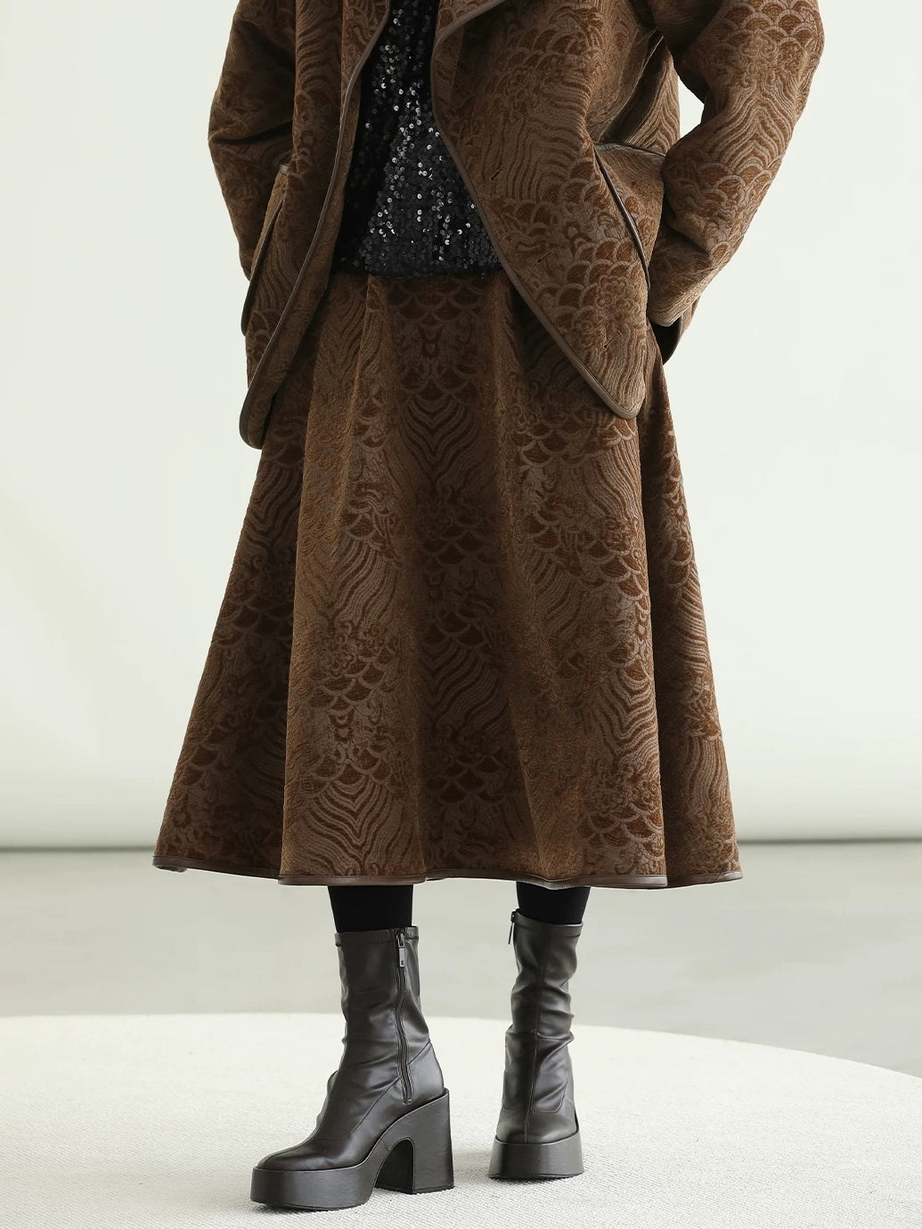 COCOBELLA Embroidered Jacquard Chinese A Line Mid Waist Women Office Maxi Polyester Skirts