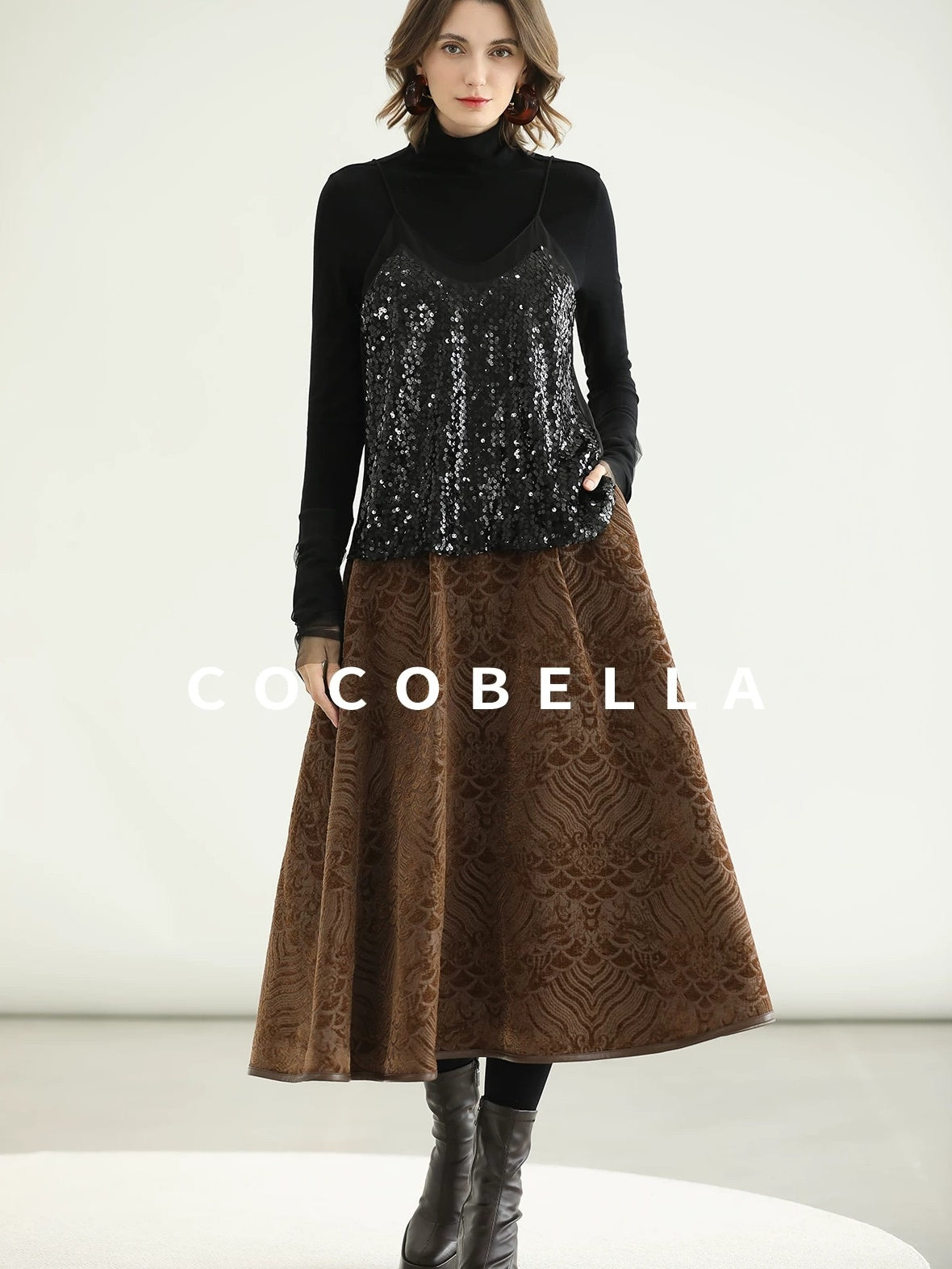 COCOBELLA Embroidered Jacquard Chinese A Line Mid Waist Women Office Maxi Polyester Skirts
