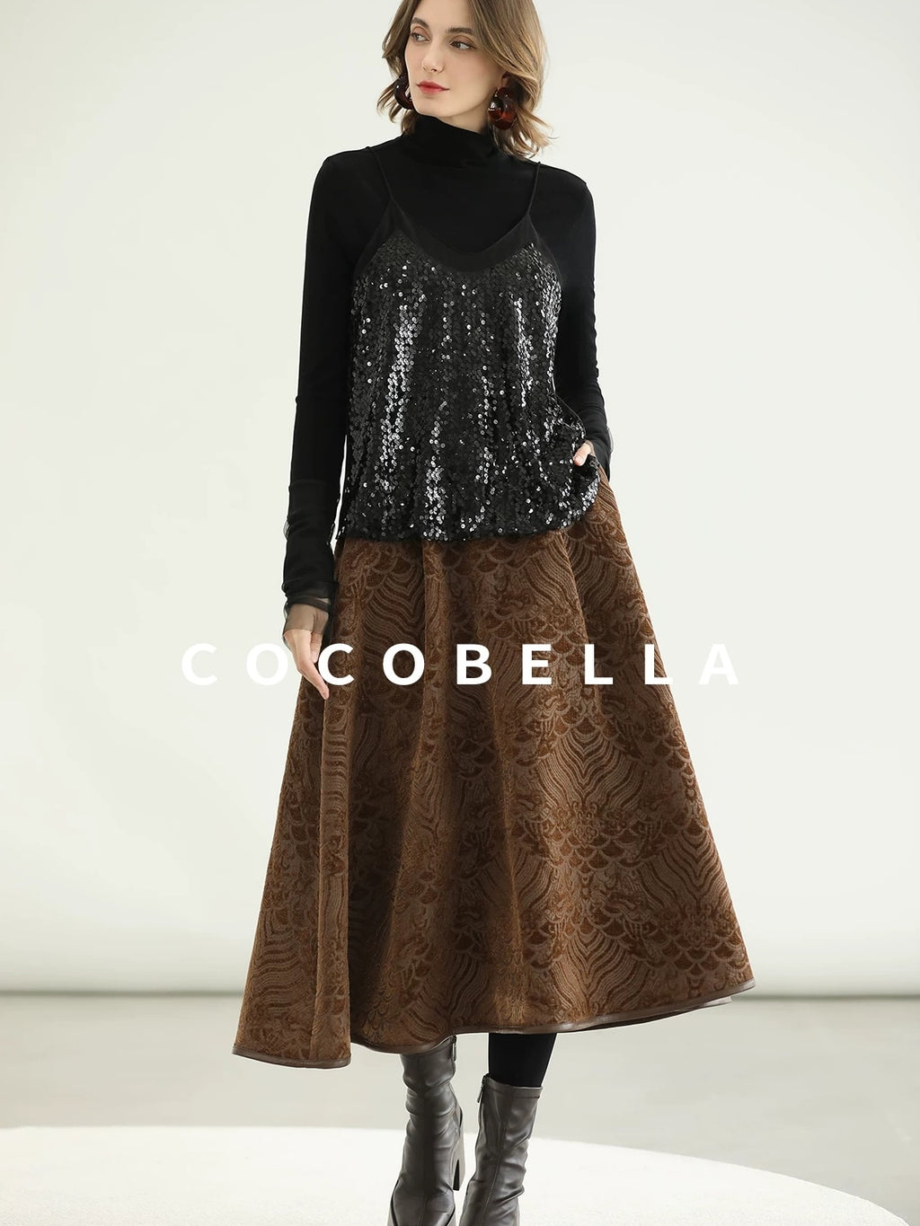 COCOBELLA Embroidered Jacquard Chinese A Line Mid Waist Women Office Maxi Polyester Skirts