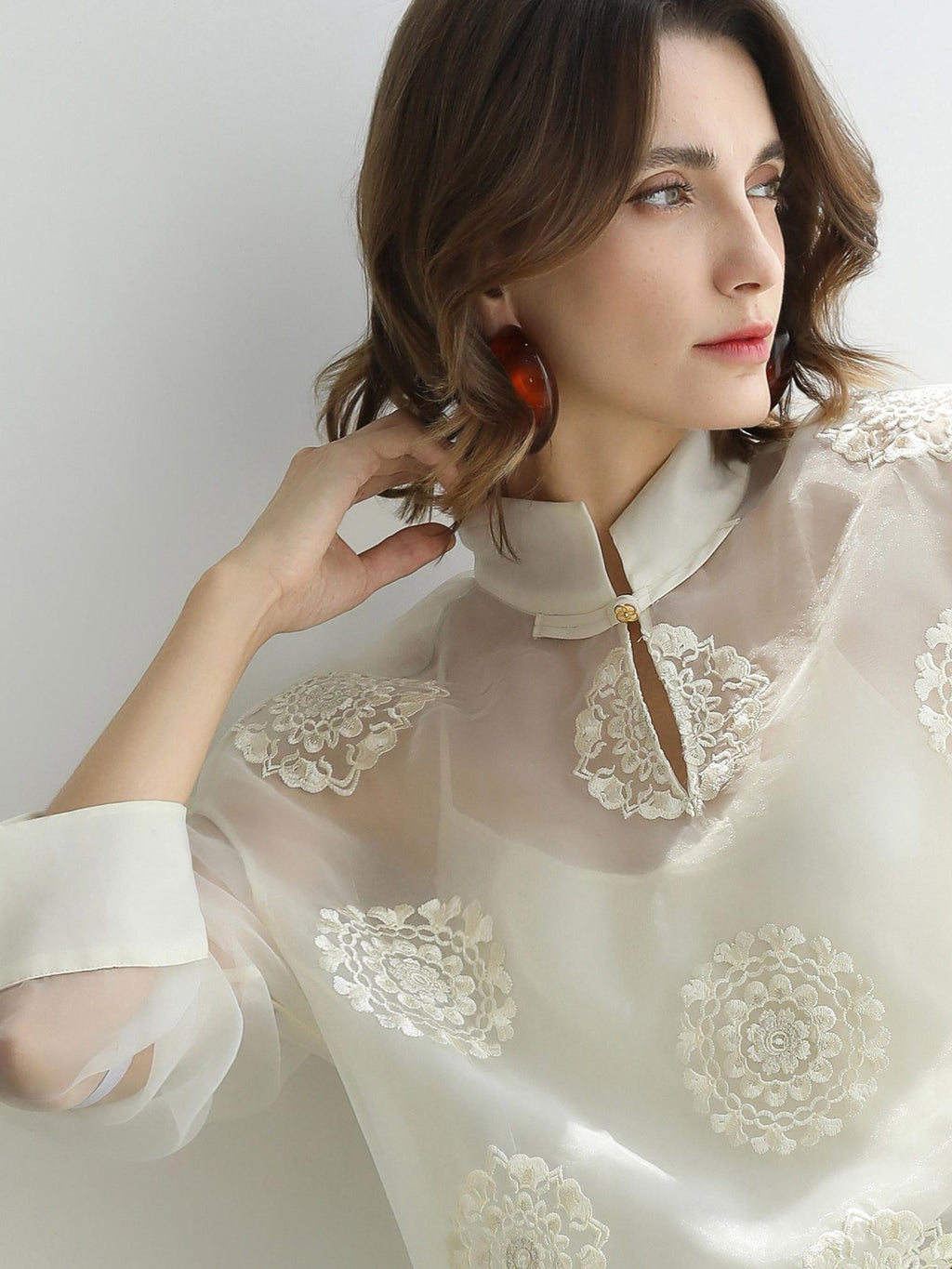 COCOBELLA Embroidered Lurex Chinese Loose Fit Stand Collar Commuting Long Sleeve T-Shirts