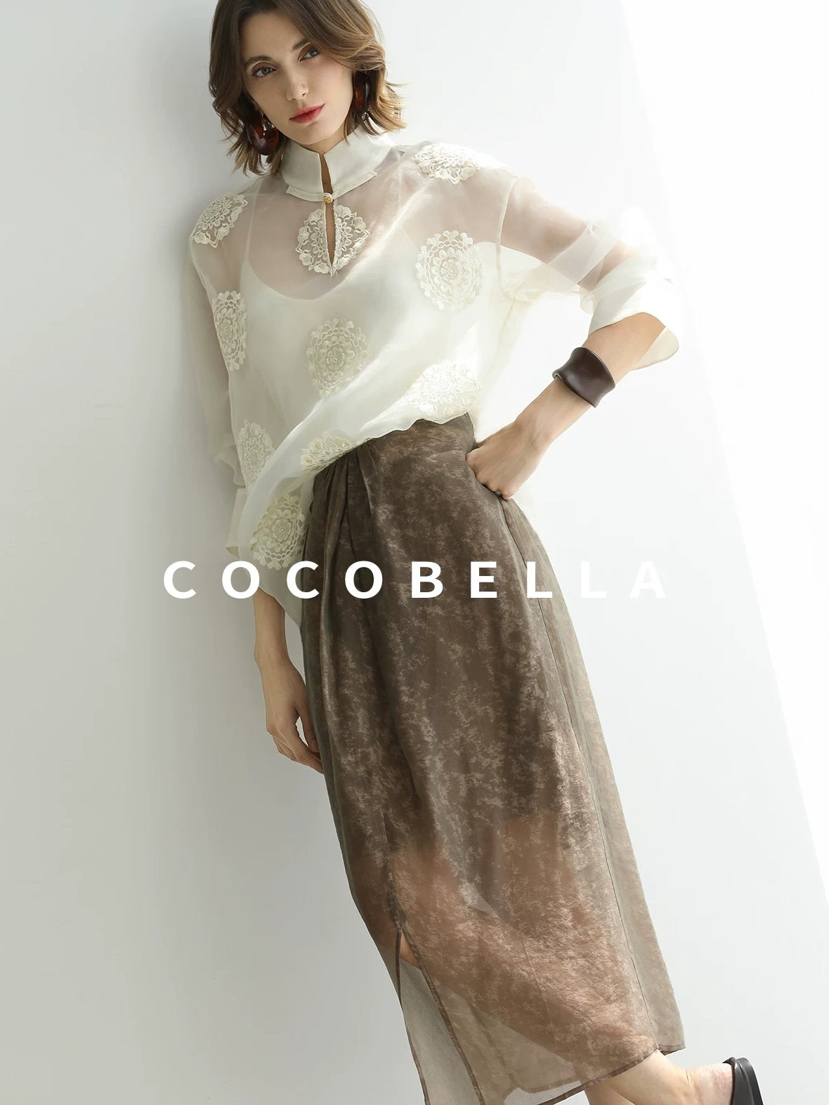 COCOBELLA Embroidered Lurex Chinese Loose Fit Stand Collar Commuting Long Sleeve T-Shirts