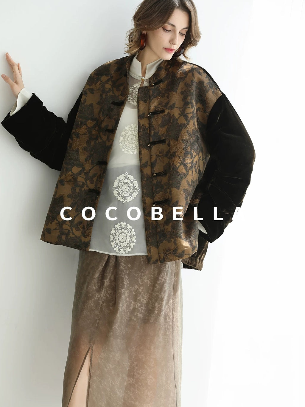 COCOBELLA Embroidered Lurex Chinese Loose Fit Stand Collar Commuting Long Sleeve T-Shirts