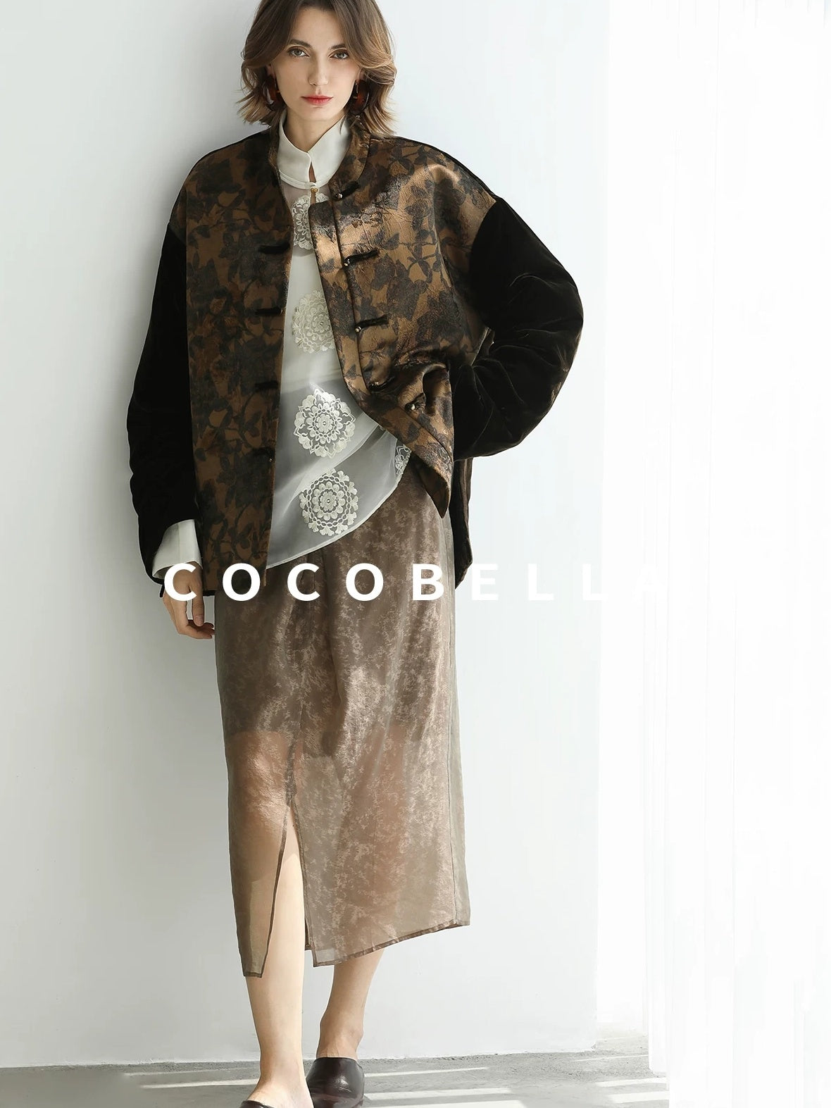 COCOBELLA Embroidered Lurex Chinese Loose Fit Stand Collar Commuting Long Sleeve T-Shirts