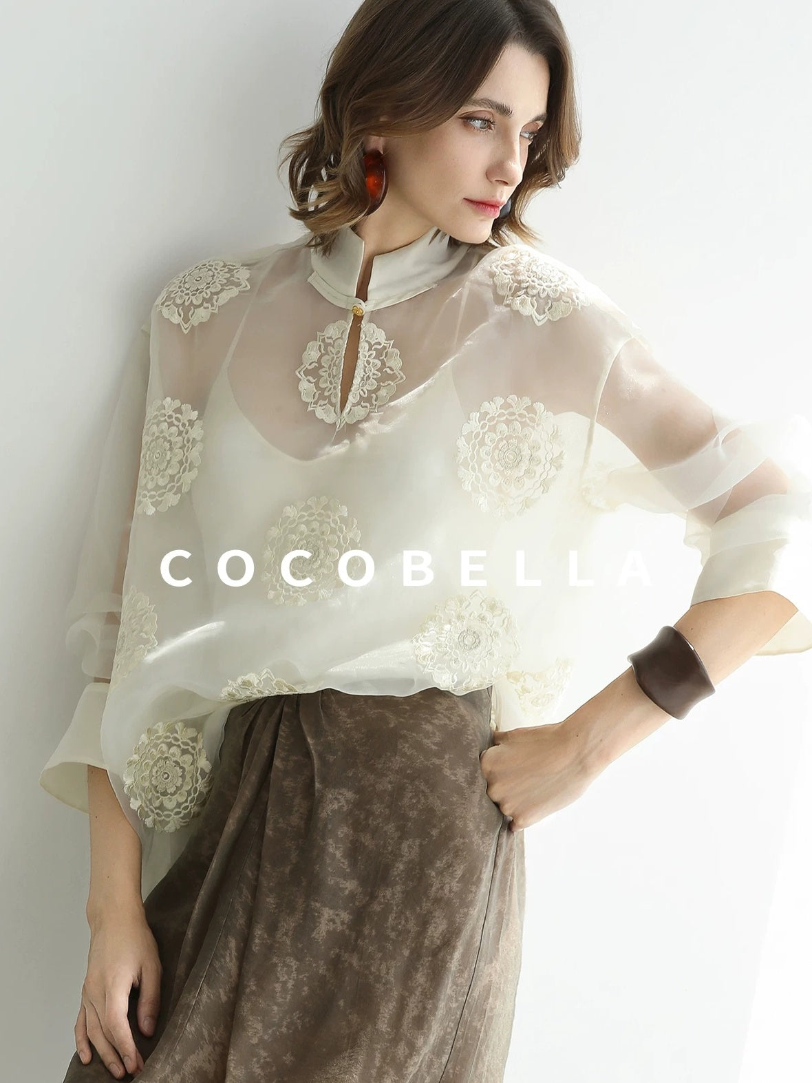 COCOBELLA Embroidered Lurex Chinese Loose Fit Stand Collar Commuting Long Sleeve T-Shirts