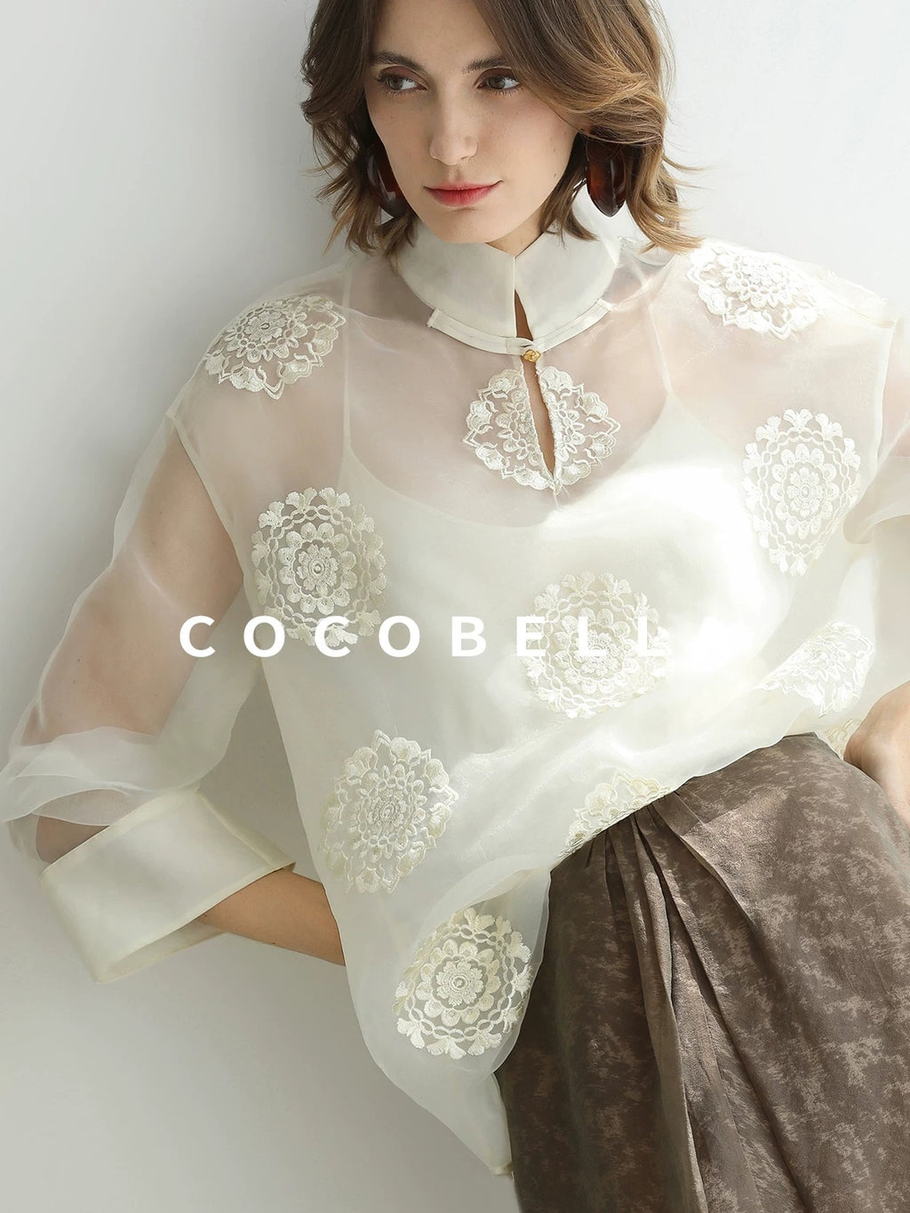 COCOBELLA Embroidered Lurex Chinese Loose Fit Stand Collar Commuting Long Sleeve T-Shirts