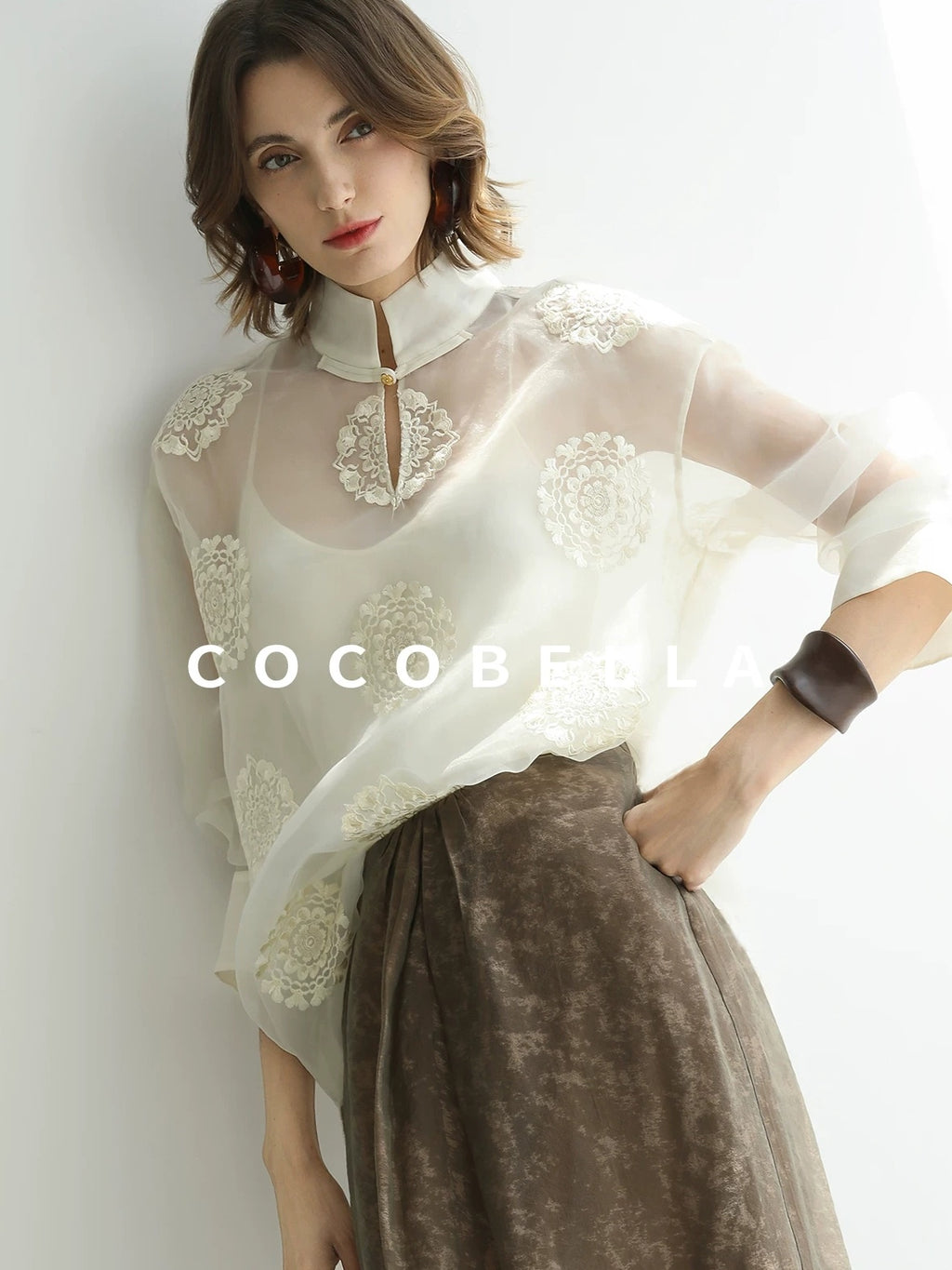 COCOBELLA Embroidered Lurex Chinese Loose Fit Stand Collar Commuting Long Sleeve T-Shirts