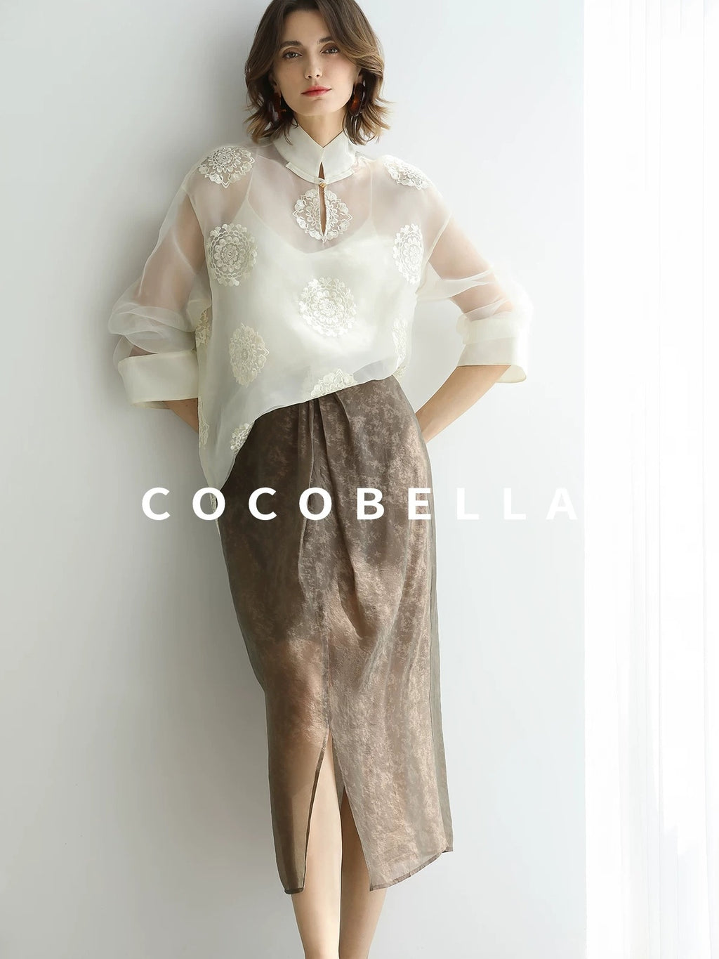 COCOBELLA Embroidered Lurex Chinese Loose Fit Stand Collar Commuting Long Sleeve T-Shirts