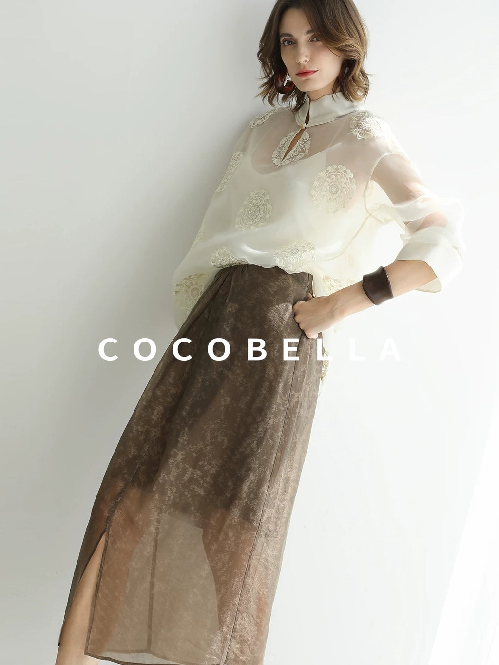 COCOBELLA Embroidered Lurex Chinese Loose Fit Stand Collar Commuting Long Sleeve T-Shirts