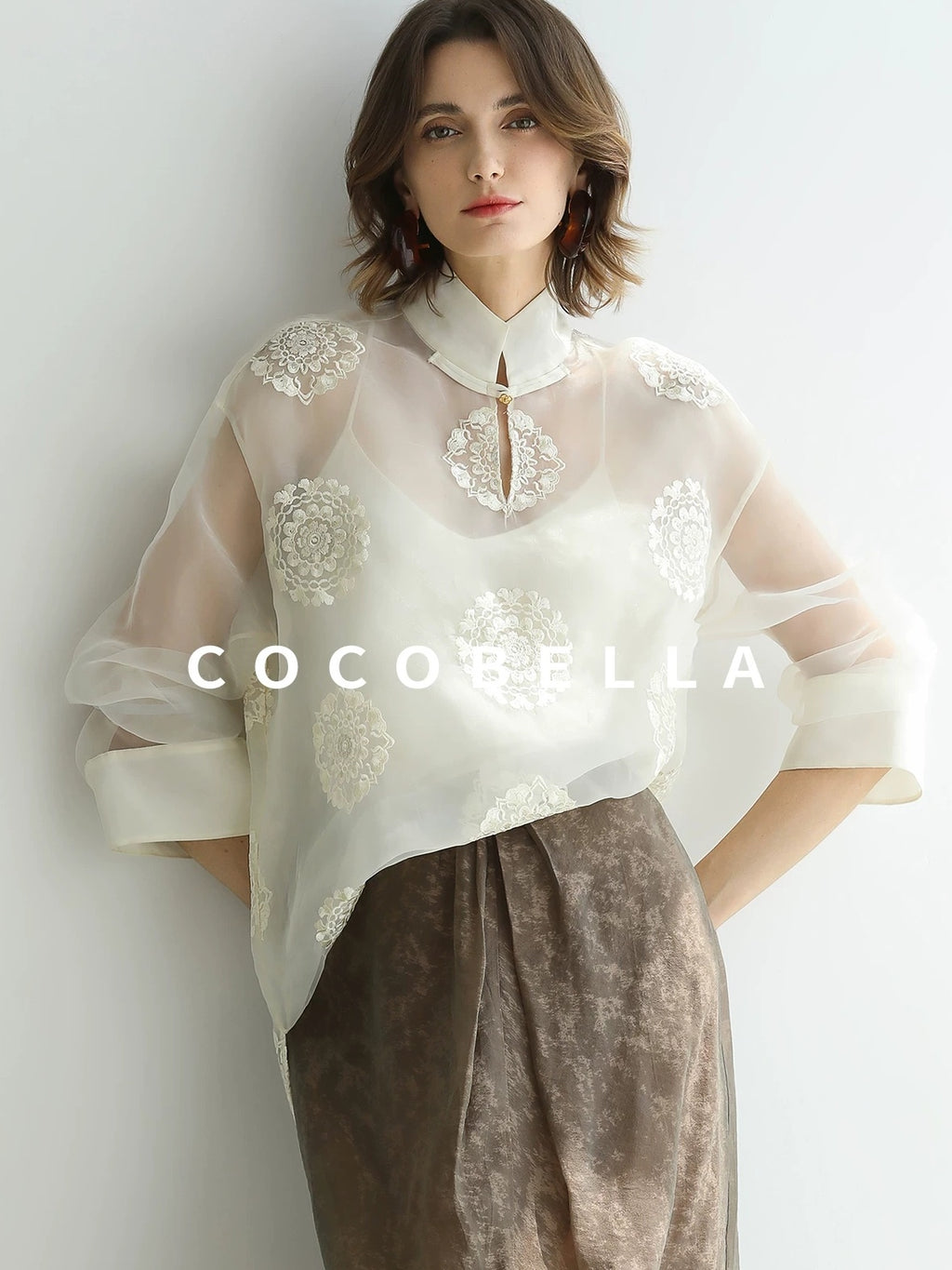 COCOBELLA Embroidered Lurex Chinese Loose Fit Stand Collar Commuting Long Sleeve T-Shirts