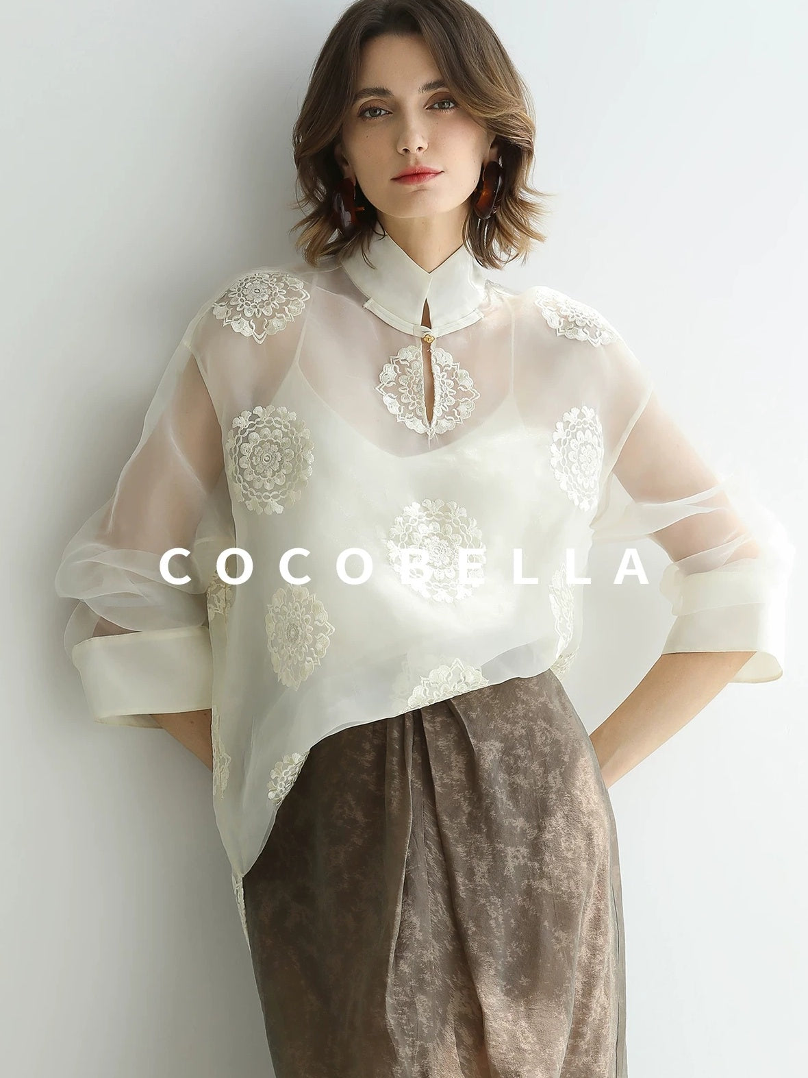 COCOBELLA Embroidered Lurex Chinese Loose Fit Stand Collar Commuting Long Sleeve T-Shirts