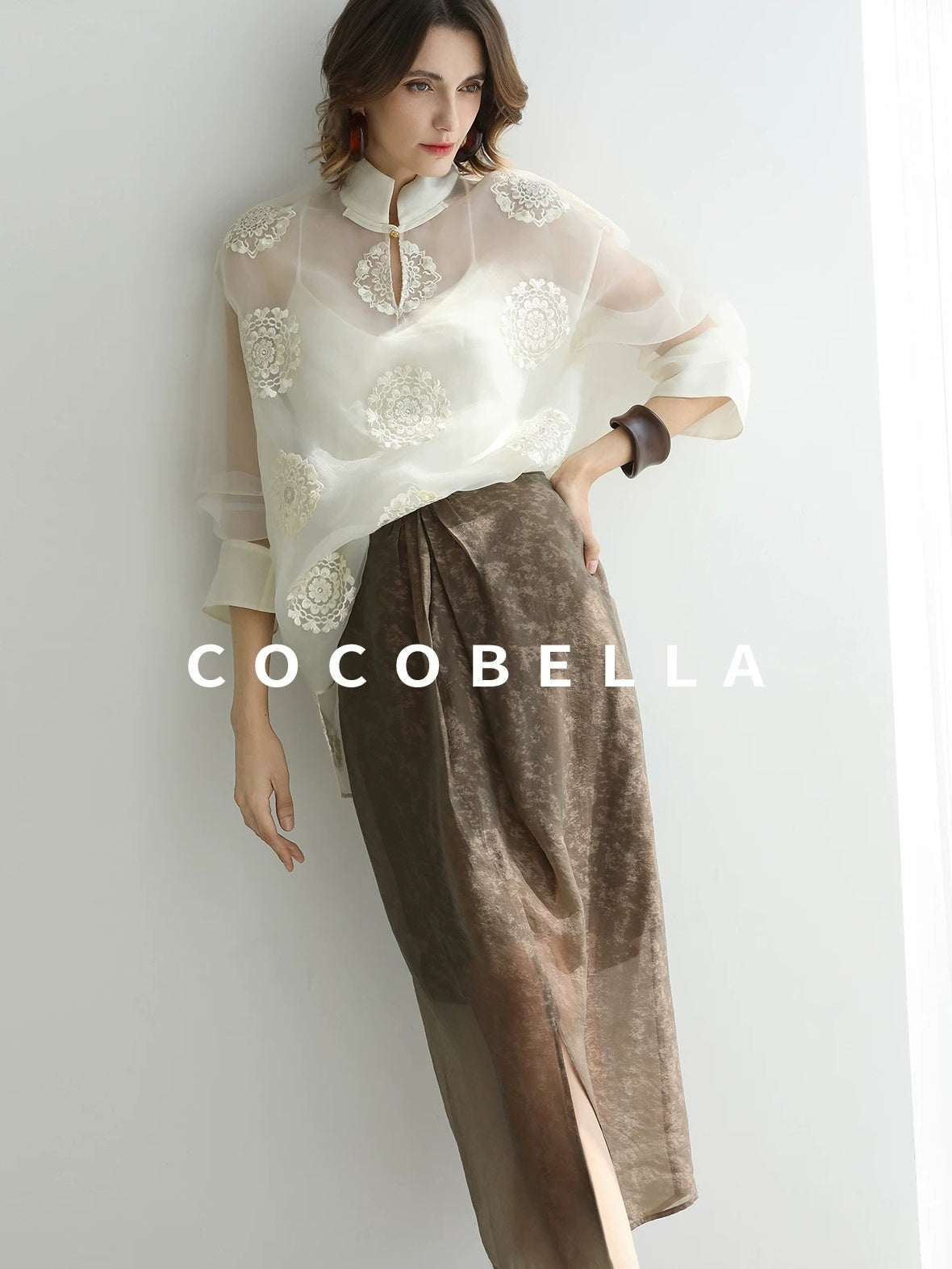 COCOBELLA Embroidered Lurex Chinese Loose Fit Stand Collar Commuting Long Sleeve T-Shirts
