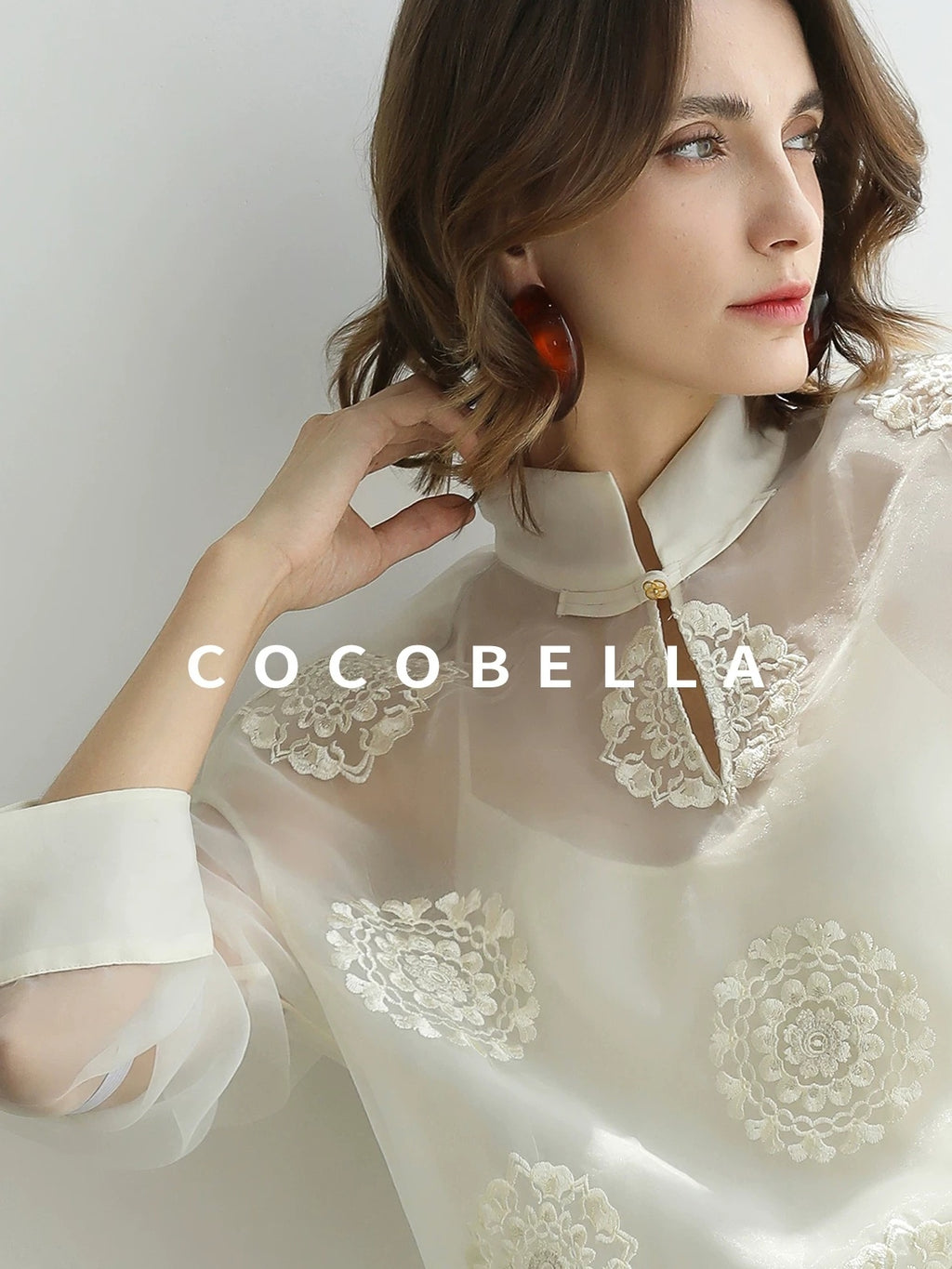 COCOBELLA Embroidered Lurex Chinese Loose Fit Stand Collar Commuting Long Sleeve T-Shirts