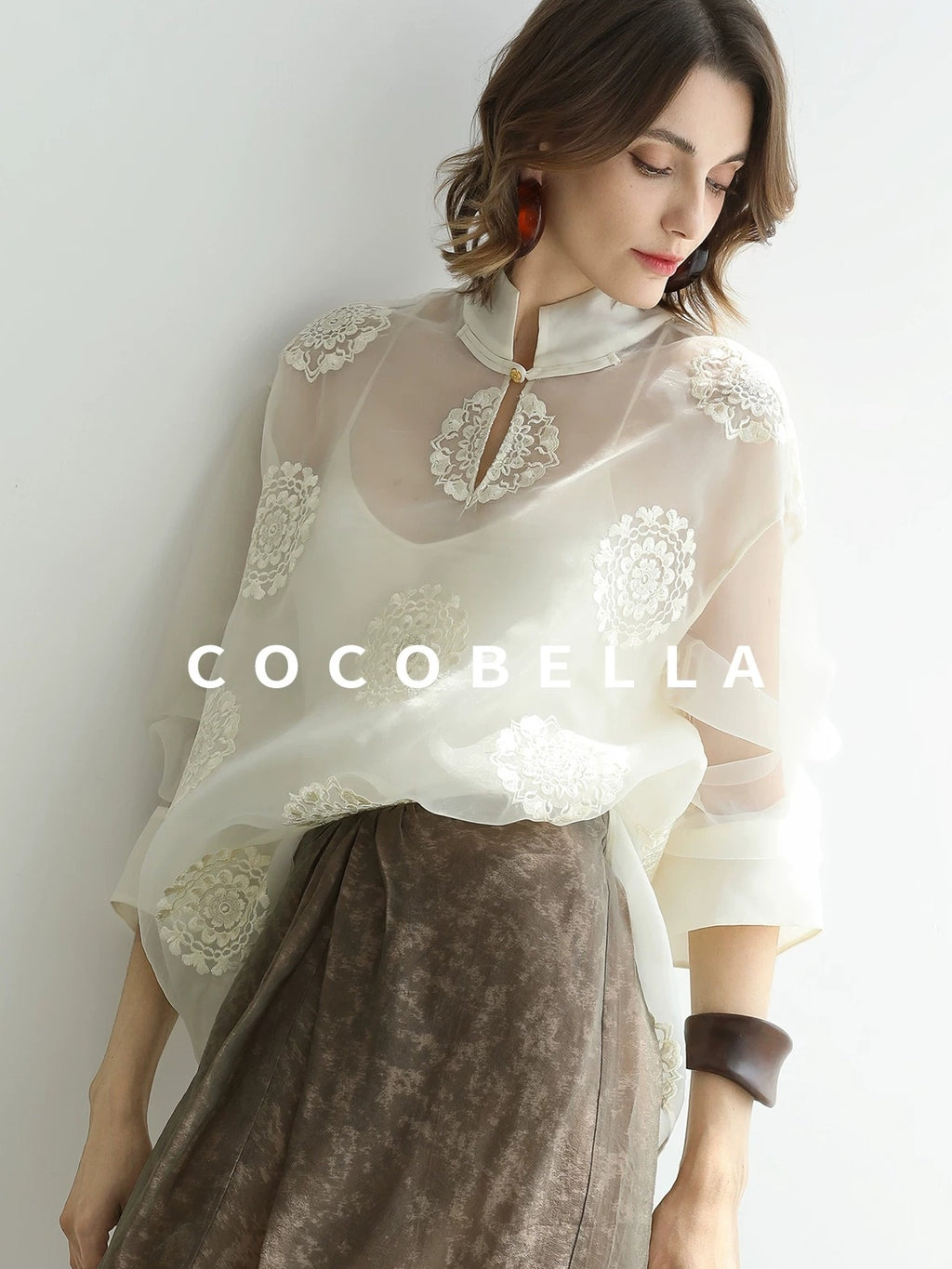 COCOBELLA Embroidered Lurex Chinese Loose Fit Stand Collar Commuting Long Sleeve T-Shirts