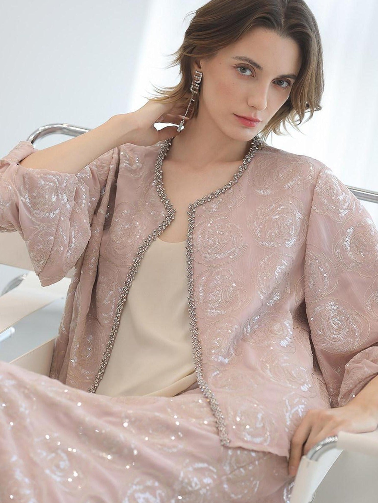 COCOBELLA Embroidered Sequin Beaded Lantern Sleeve Loose Fit Boucle Women Trim Sweater