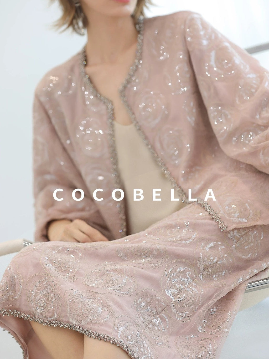 COCOBELLA Embroidered Sequin Beaded Lantern Sleeve Loose Fit Boucle Women Trim Sweater
