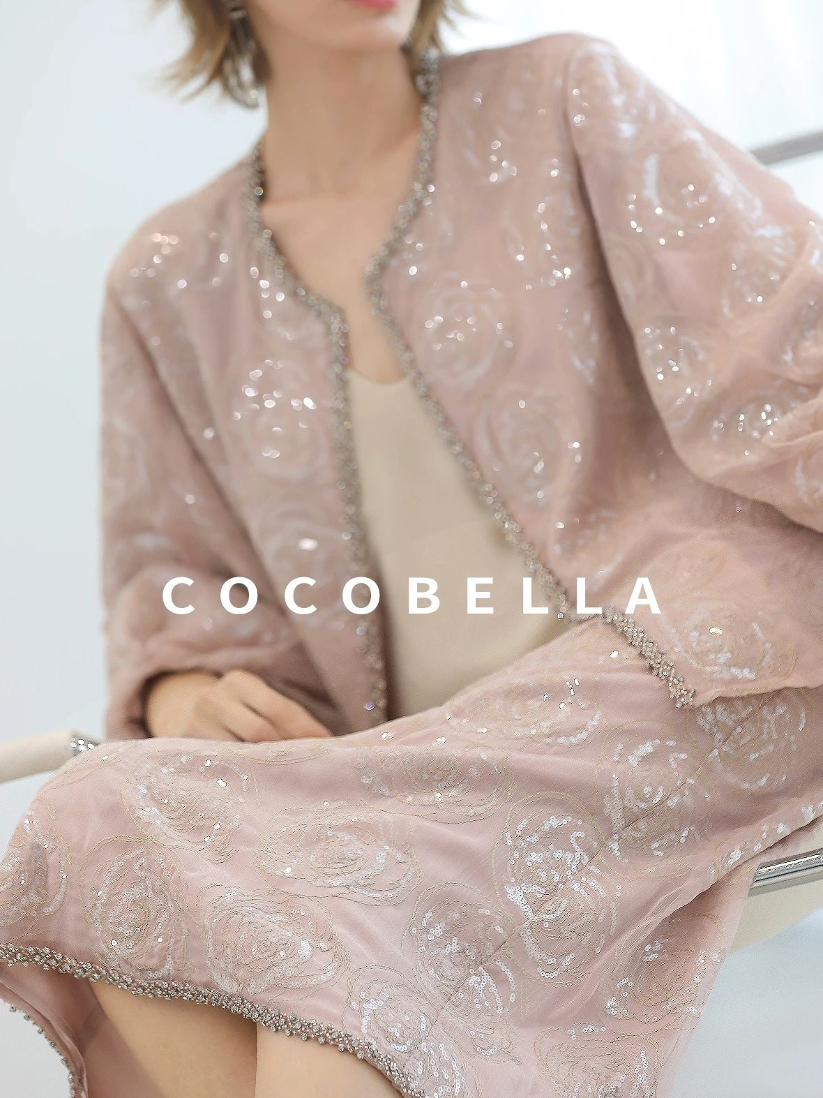 COCOBELLA Embroidered Sequin Beaded Lantern Sleeve Loose Fit Boucle Women Trim Sweater