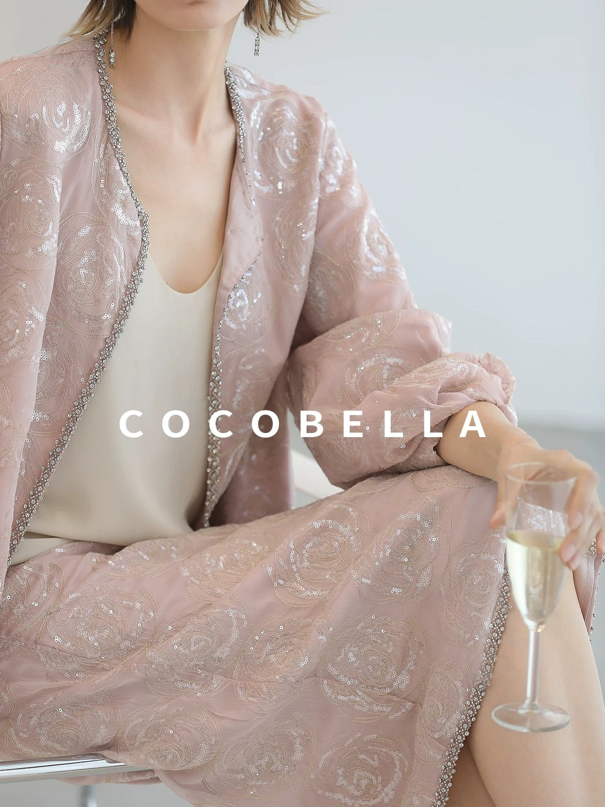 COCOBELLA Embroidered Sequin Beaded Lantern Sleeve Loose Fit Boucle Women Trim Sweater