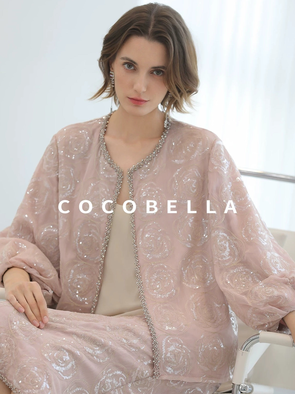 COCOBELLA Embroidered Sequin Beaded Lantern Sleeve Loose Fit Boucle Women Trim Sweater