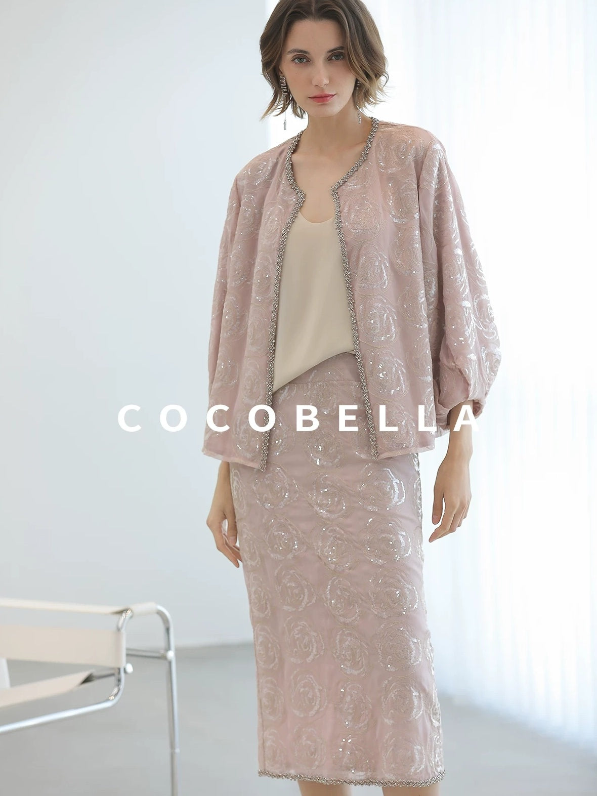 COCOBELLA Embroidered Sequin Beaded Lantern Sleeve Loose Fit Boucle Women Trim Sweater