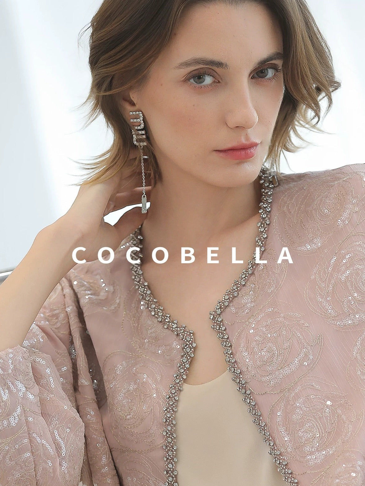 COCOBELLA Embroidered Sequin Beaded Lantern Sleeve Loose Fit Boucle Women Trim Sweater