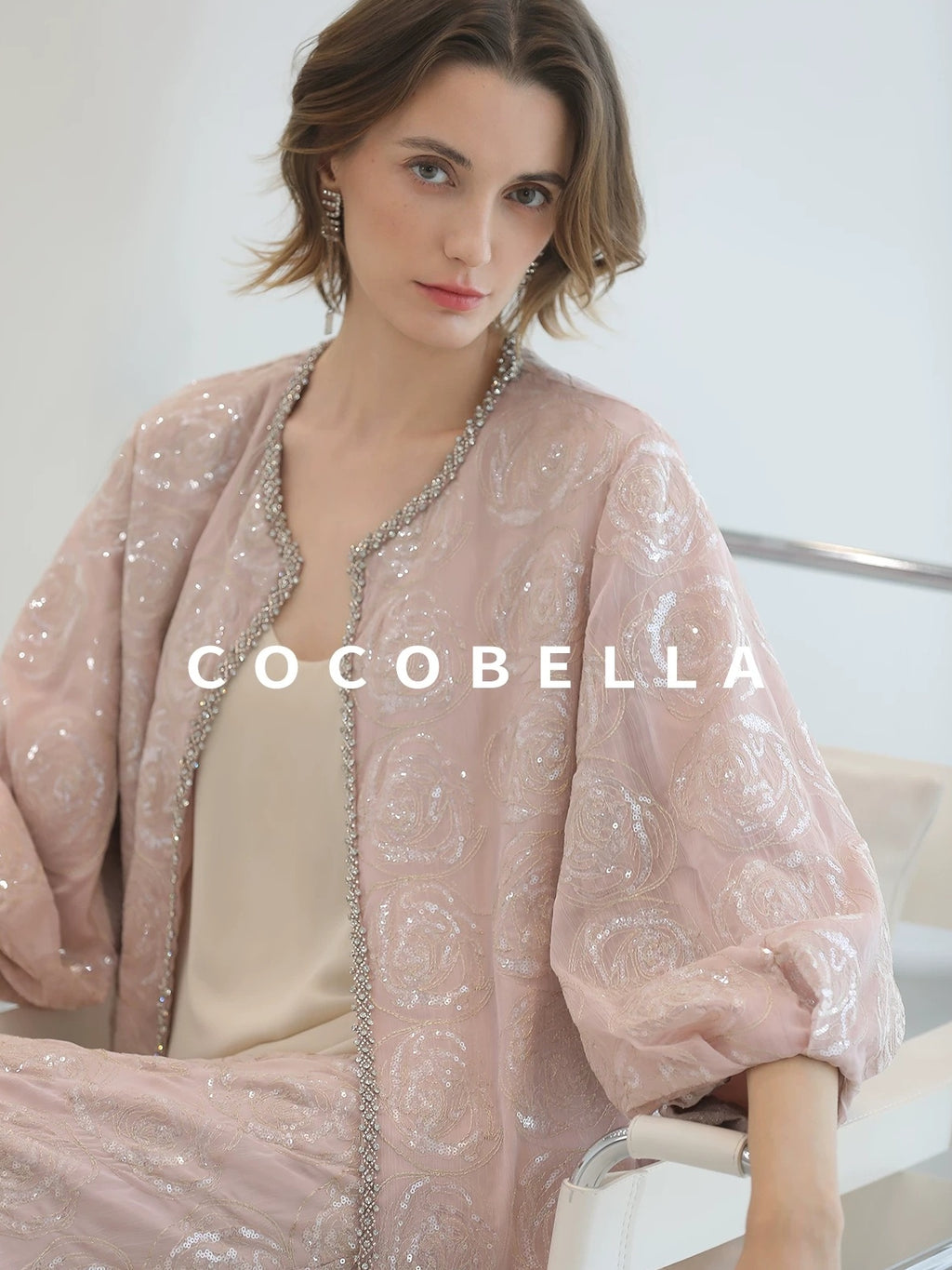 COCOBELLA Embroidered Sequin Beaded Lantern Sleeve Loose Fit Boucle Women Trim Sweater